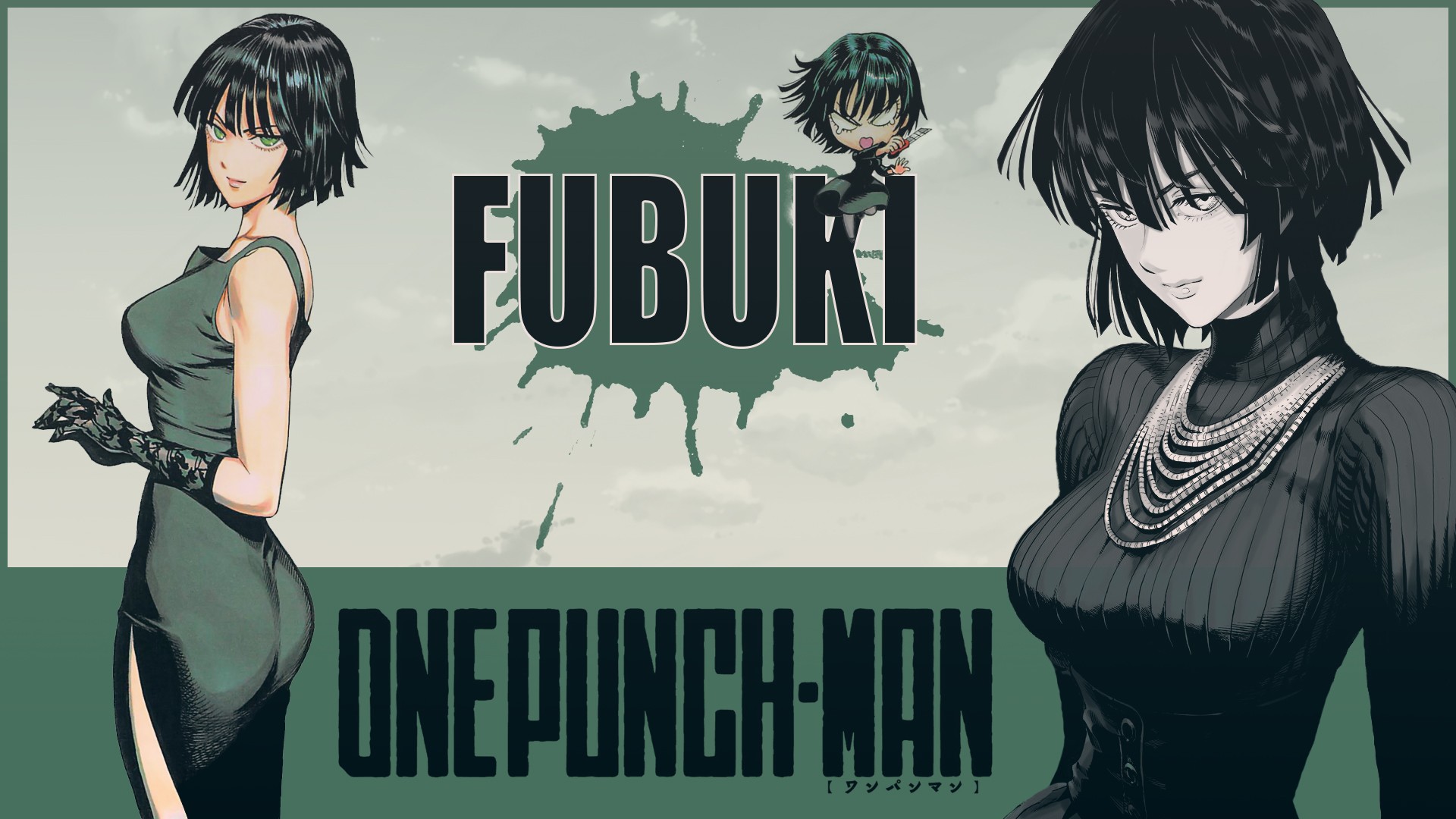 Anime 1920x1080 anime girls One-Punch Man Fubuki green eyes 2D big boobs short hair green hair green dress