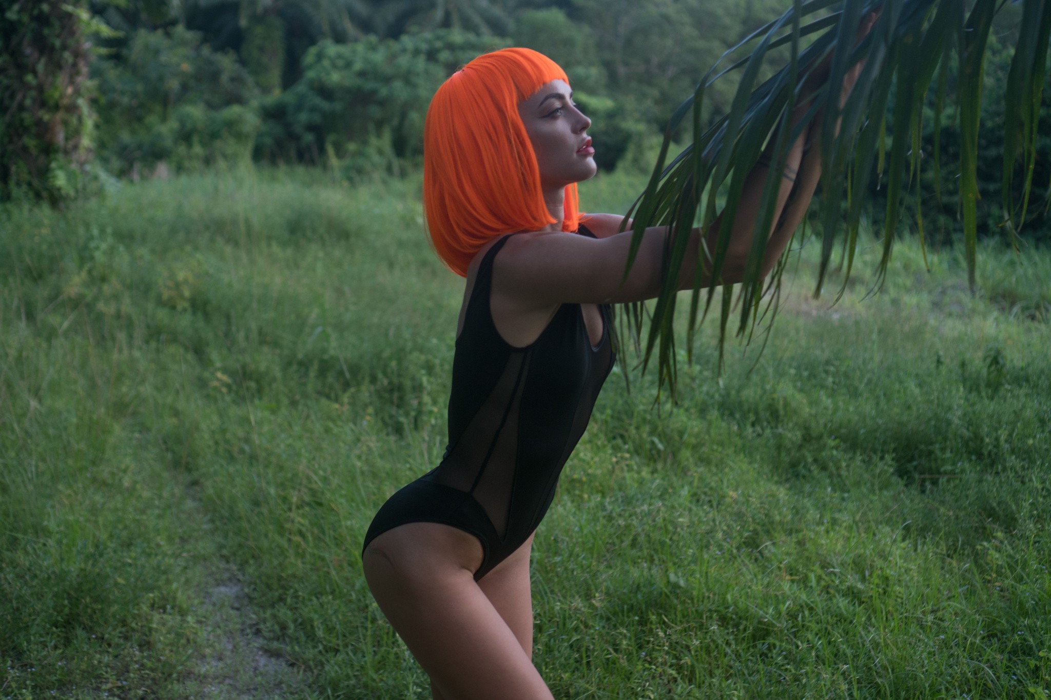 People 2048x1365 women orange one-piece swimsuit women outdoors looking away wigs ass hips leotard body lingerie