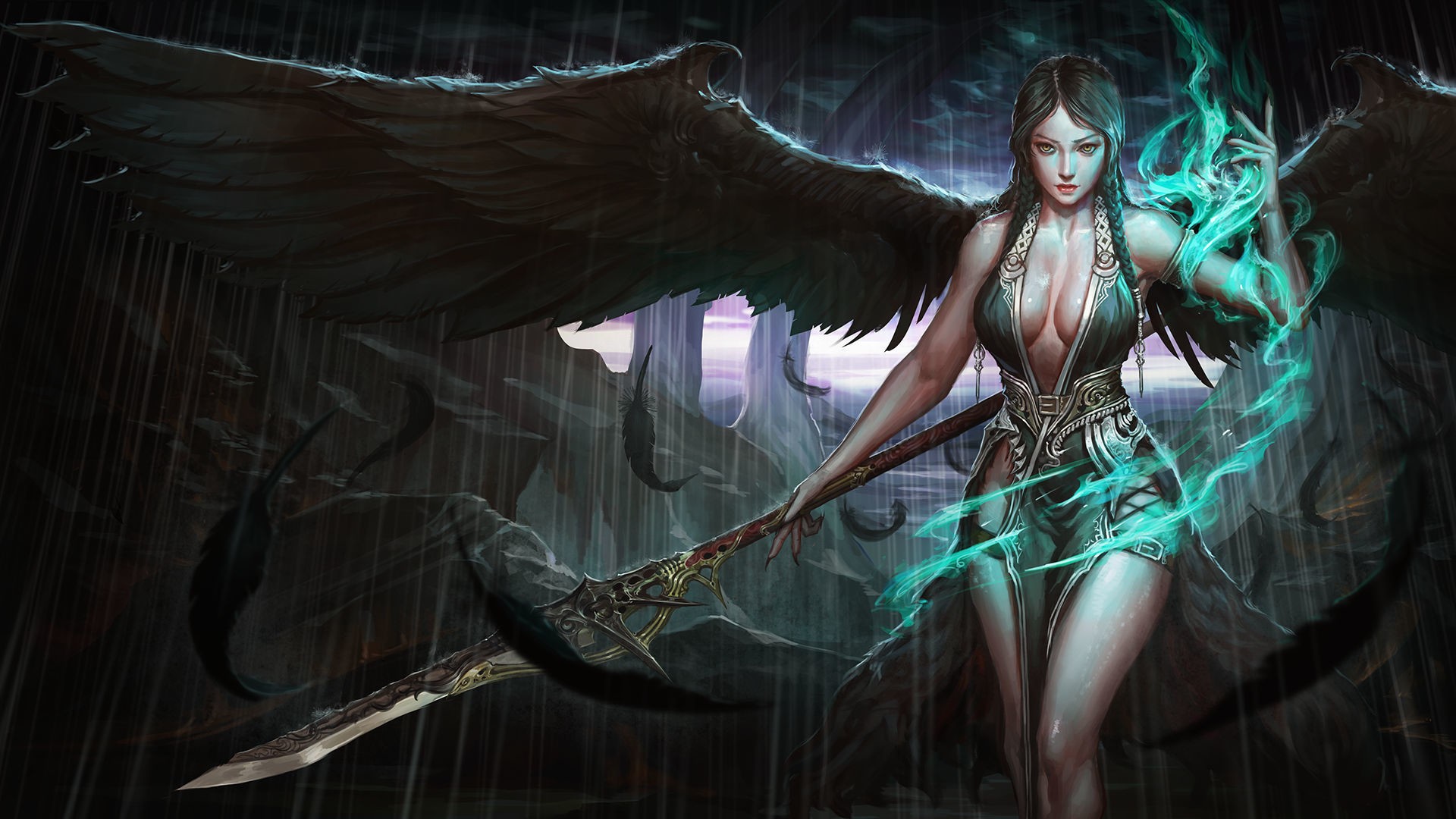 General 1920x1080 fantasy art fantasy girl Vampirdzhija Vjedogonia rain braids cyan wings feathers