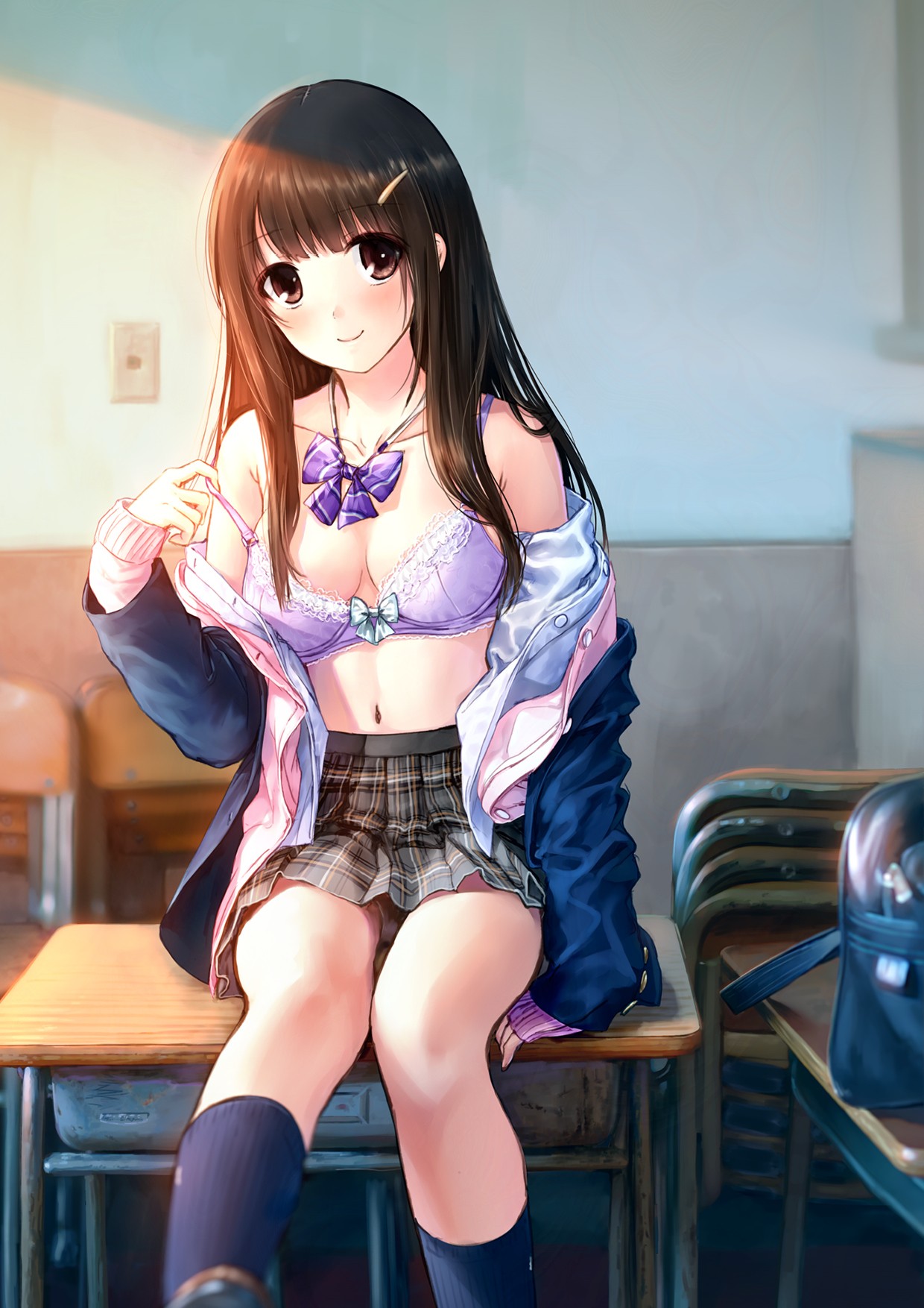 Anime 1240x1754 anime anime girls bra cleavage open shirt undressing long hair brunette brown eyes knee-highs school uniform artwork Kazuharu Kina
