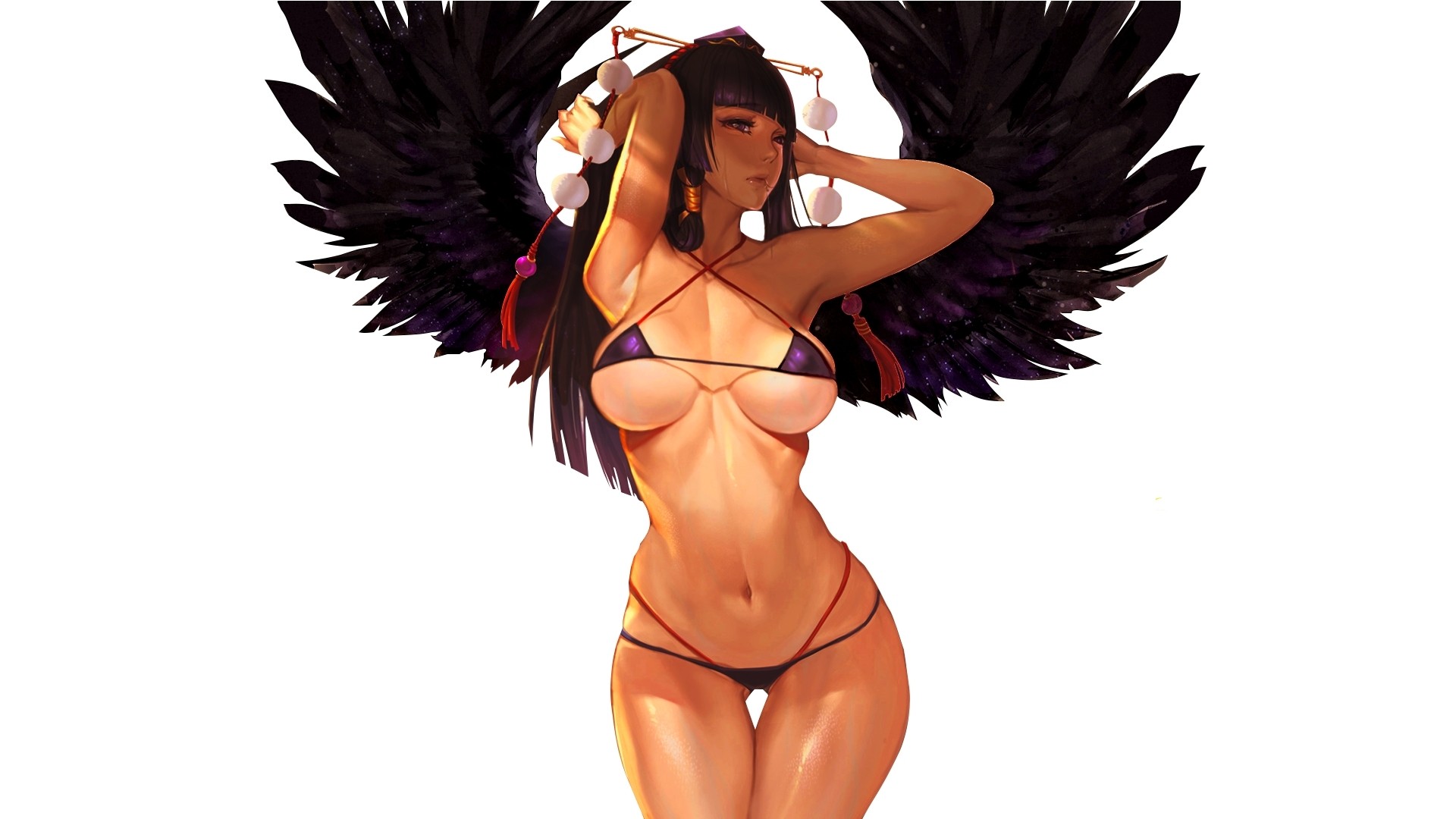 Anime 1920x1080 wings anime girls big boobs micro bikini boobs arms up Dead or Alive 5 anime video games video game girls video game warriors video game characters belly simple background white background looking away dark hair women Nyotengu (Dead or Alive) curvy