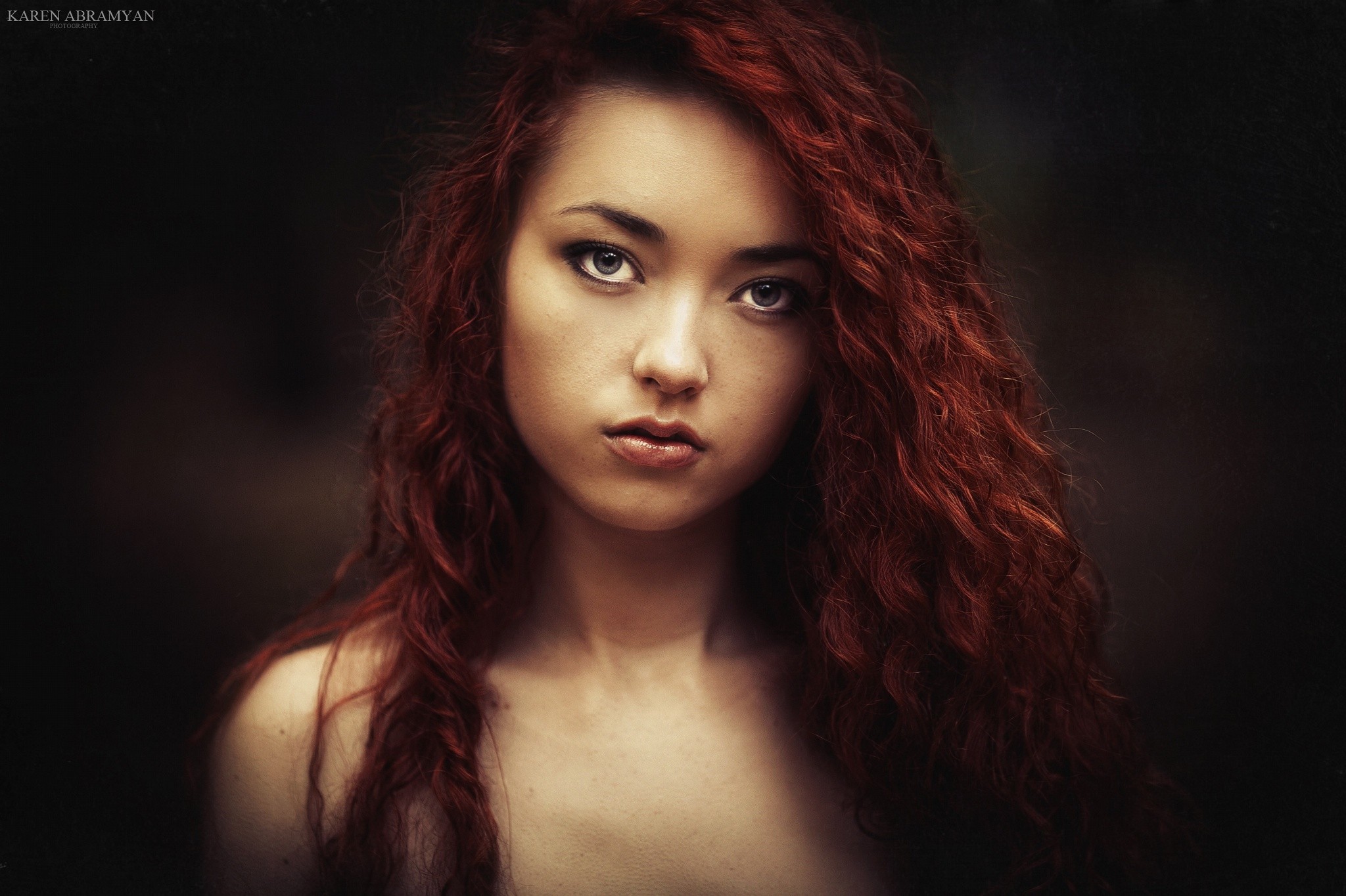 People 2048x1365 redhead model women curly hair face Karen Abramyan watermarked portrait dyed hair long hair looking at viewer