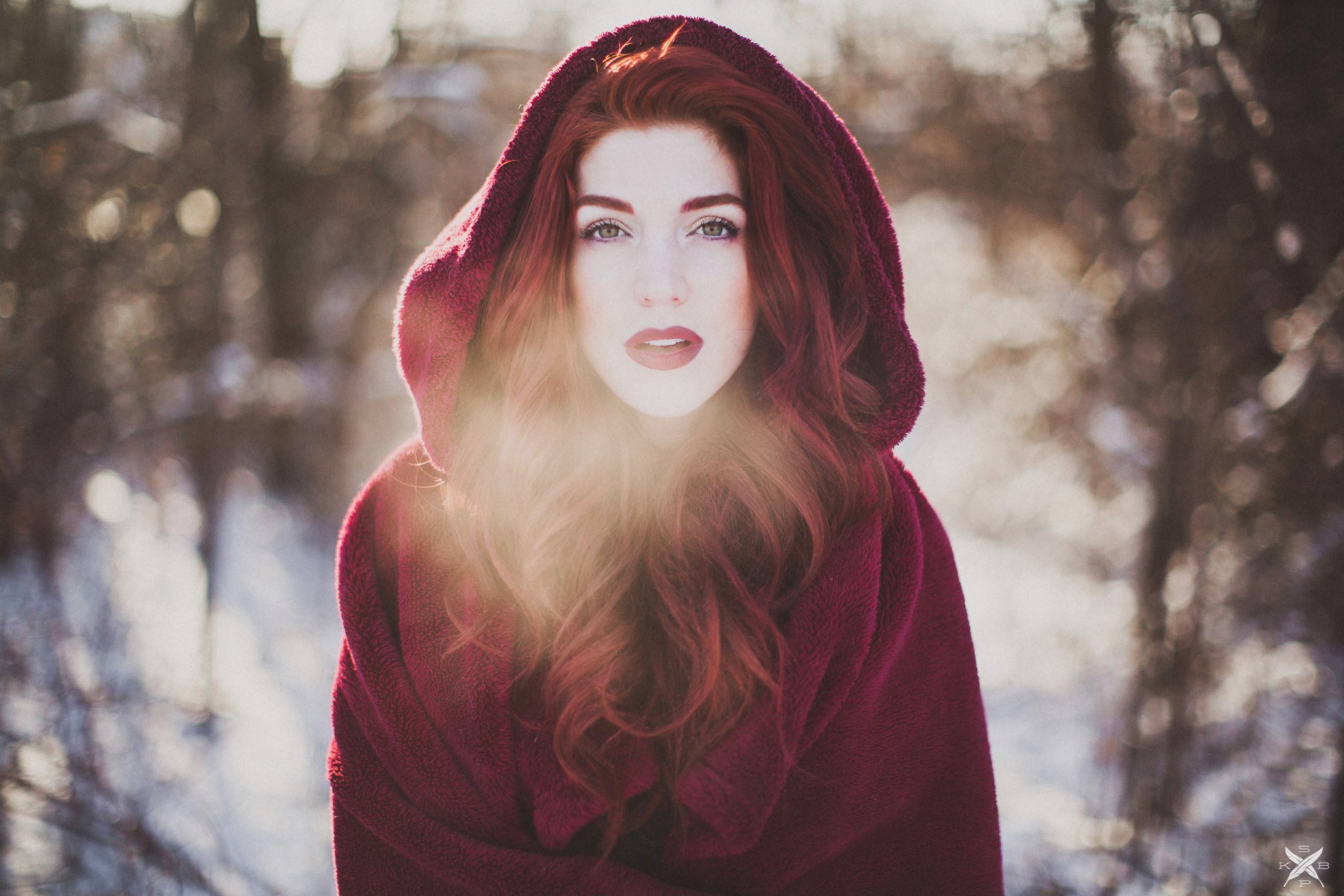 People 2048x1365 women model looking at viewer red lipstick trees bokeh redhead red coat hoods pale winter snow women outdoors parted lips face outdoors cold red clothing watermarked makeup Sara K Byrne