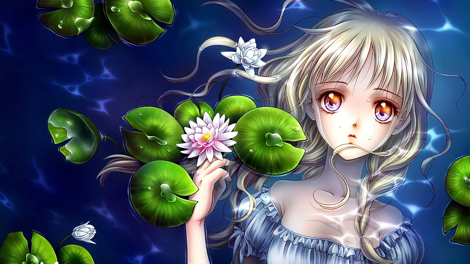 Anime 1920x1080 anime anime girls blonde long hair water flowers wet clothing wet body looking at viewer plants top view water lilies lying down