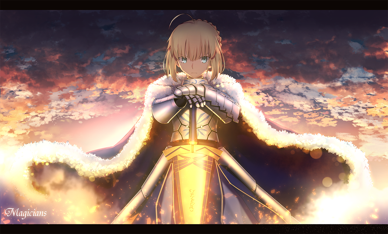 Anime 1293x780 Saber Fate series cape armor ahoge anime girls anime fantasy art fantasy girl women with swords weapon looking at viewer sky sword