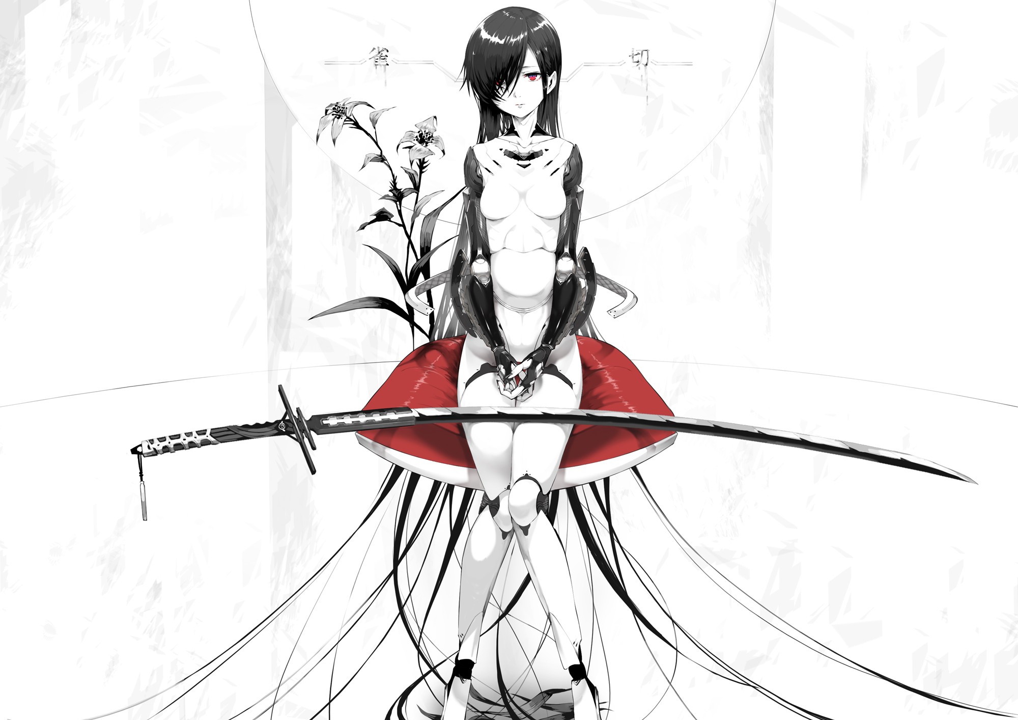 Anime 2000x1414 anime anime girls long hair sword katana robot flowers red eyes weapon Pixiv girls with guns women with swords hair over one eye white background simple background sitting knees together futuristic