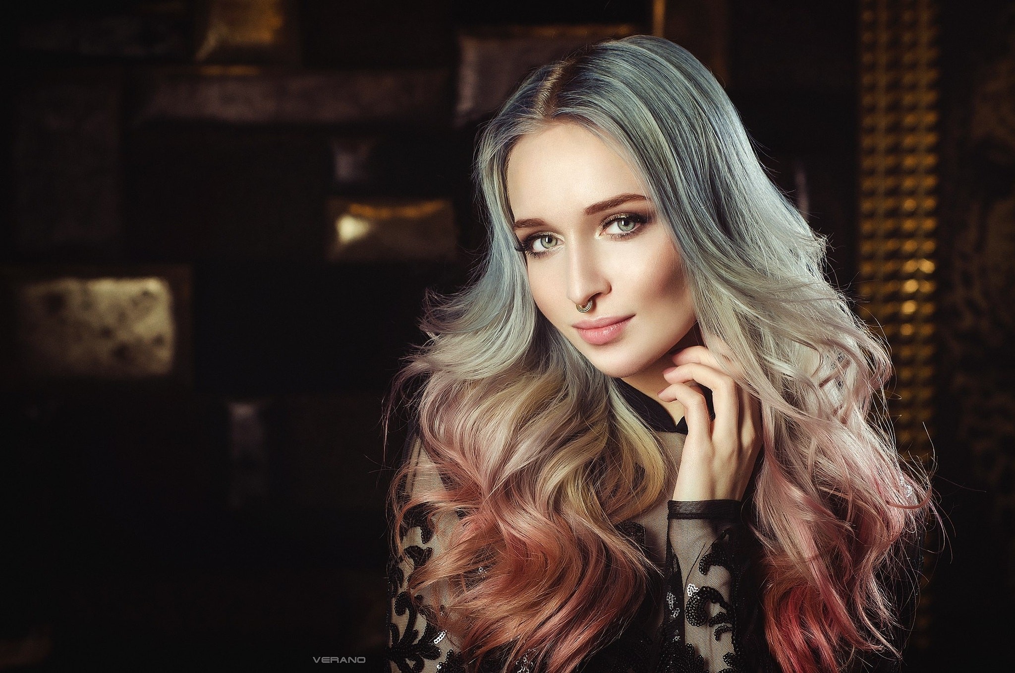 People 2048x1357 women blonde face nose ring portrait dyed hair Nikolas Verano looking at viewer smiling multi-colored hair watermarked