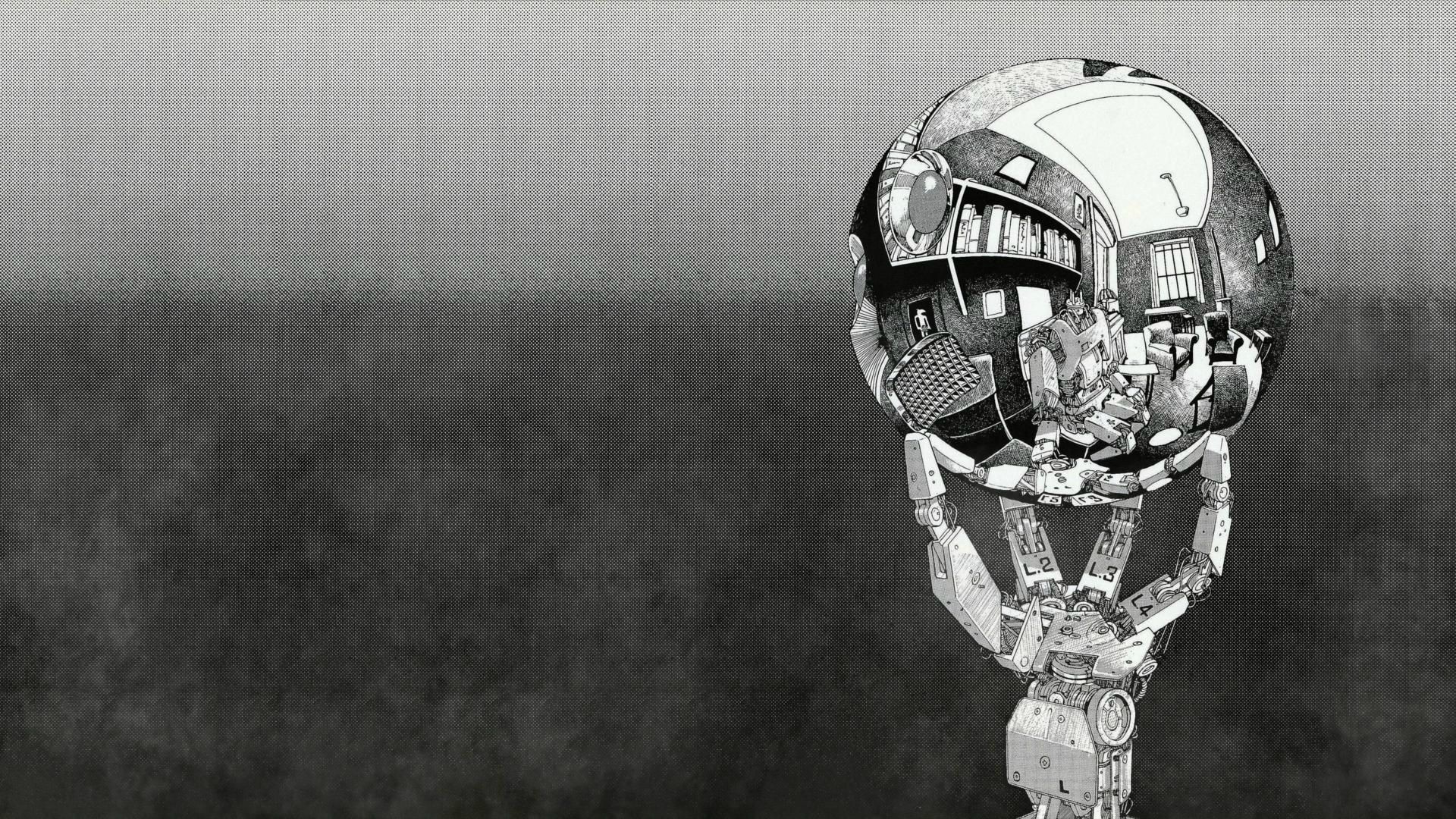 General 1920x1080 robot M. C. Escher monochrome sphere reflection