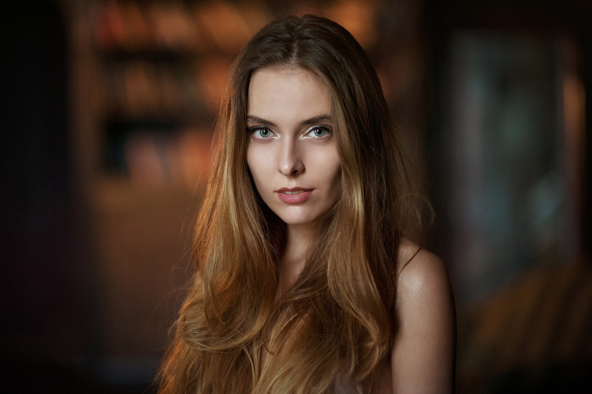 People 2048x1363 Amina Katinova women Maxim Maximov face portrait depth of field long hair hair covering boobs gray eyes model brunette