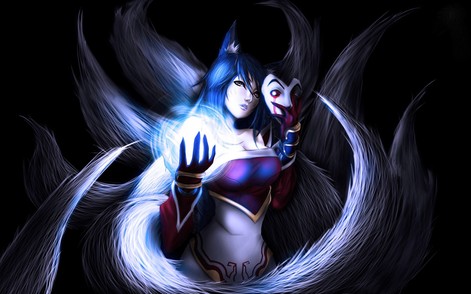 General 1920x1200 women League of Legends Ahri (League of Legends) video game characters Riot Games video games video game girls mask fox mask long hair yellow eyes standing bare shoulders parted lips fox girl fox ears fox tail nine tails looking at viewer magic