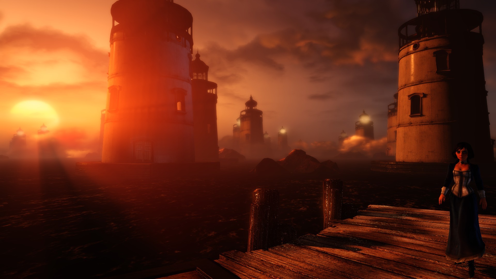 General 1920x1080 Elizabeth (BioShock) sun rays BioShock Infinite: Burial at Sea lighthouse clouds dock landscape video games