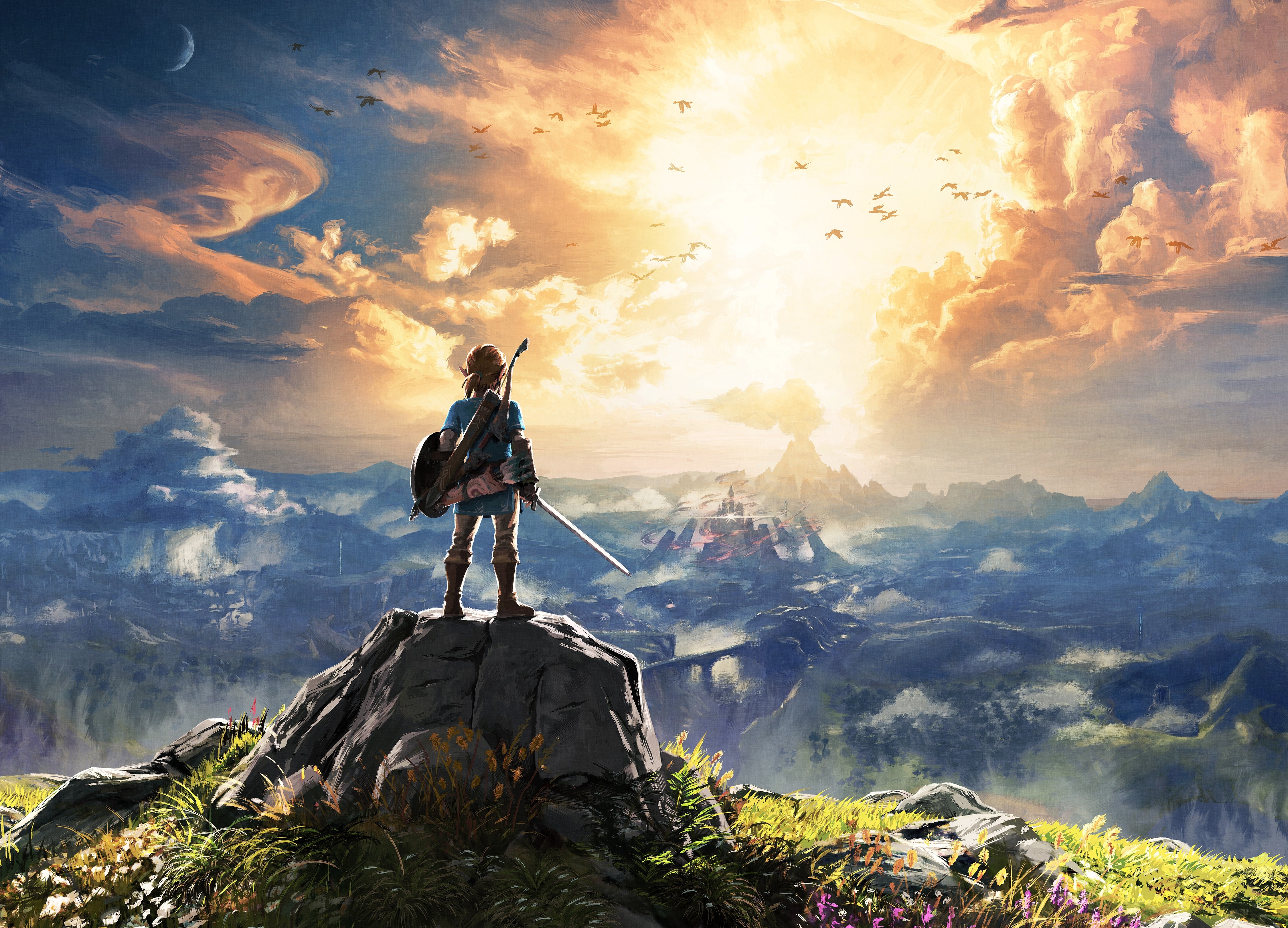 General 4500x3240 The Legend of Zelda: Breath of the Wild The Legend of Zelda Link video games standing video game art sunlight video game characters sword shield sky clouds flowers castle bow and arrow