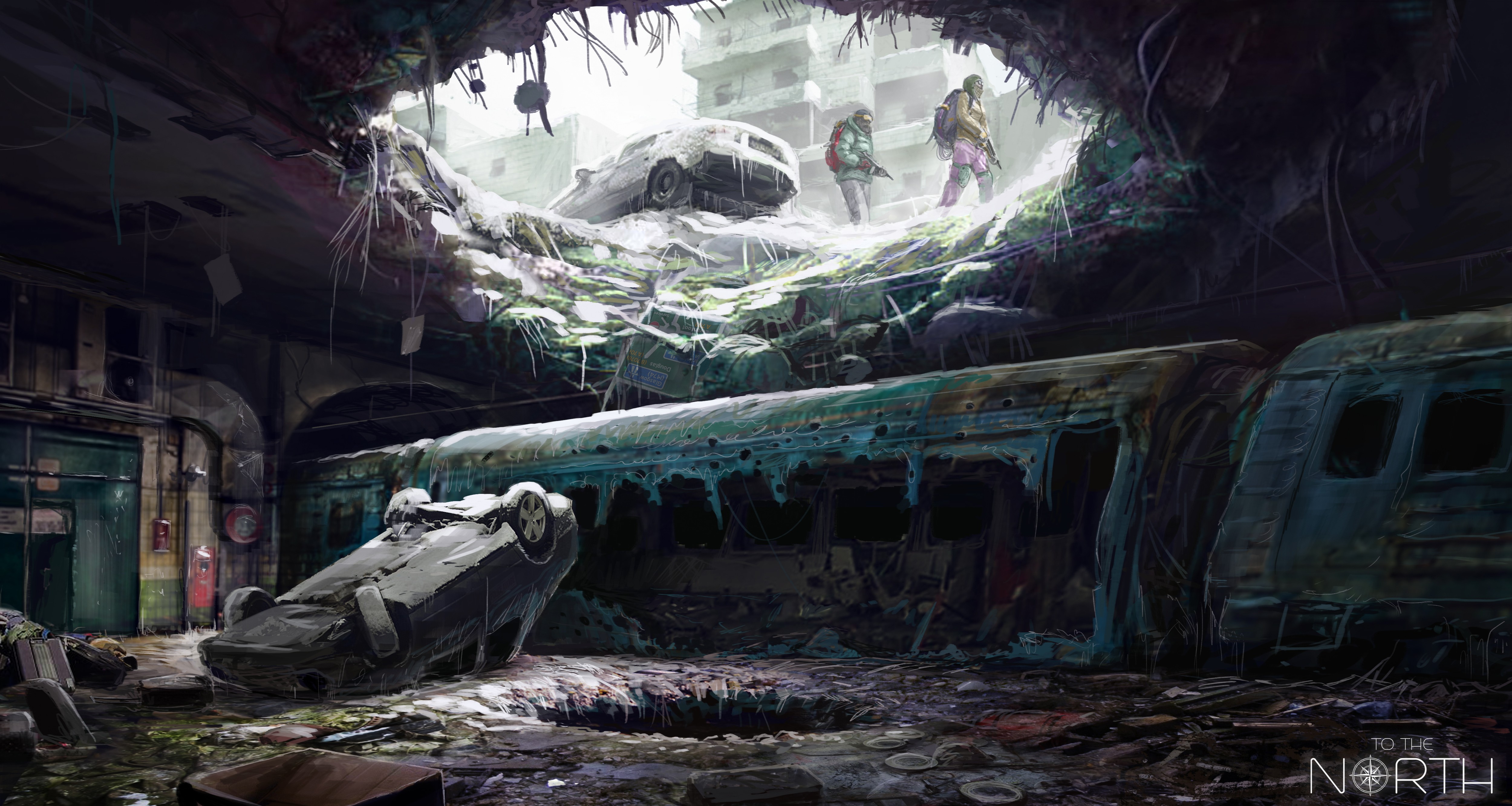 General 5000x2665 apocalyptic futuristic artwork ruins wreck train car city underground