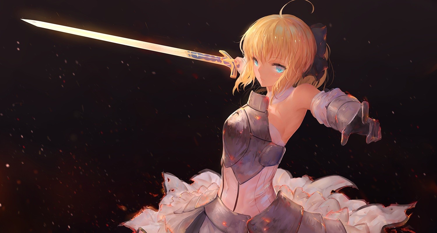 Anime 1500x800 simple background aqua eyes armor blonde white dress elbow gloves Fate/Grand Order Fate series gloves long hair Saber Saber Lily short hair sword weapon Fate/Unlimited Codes 