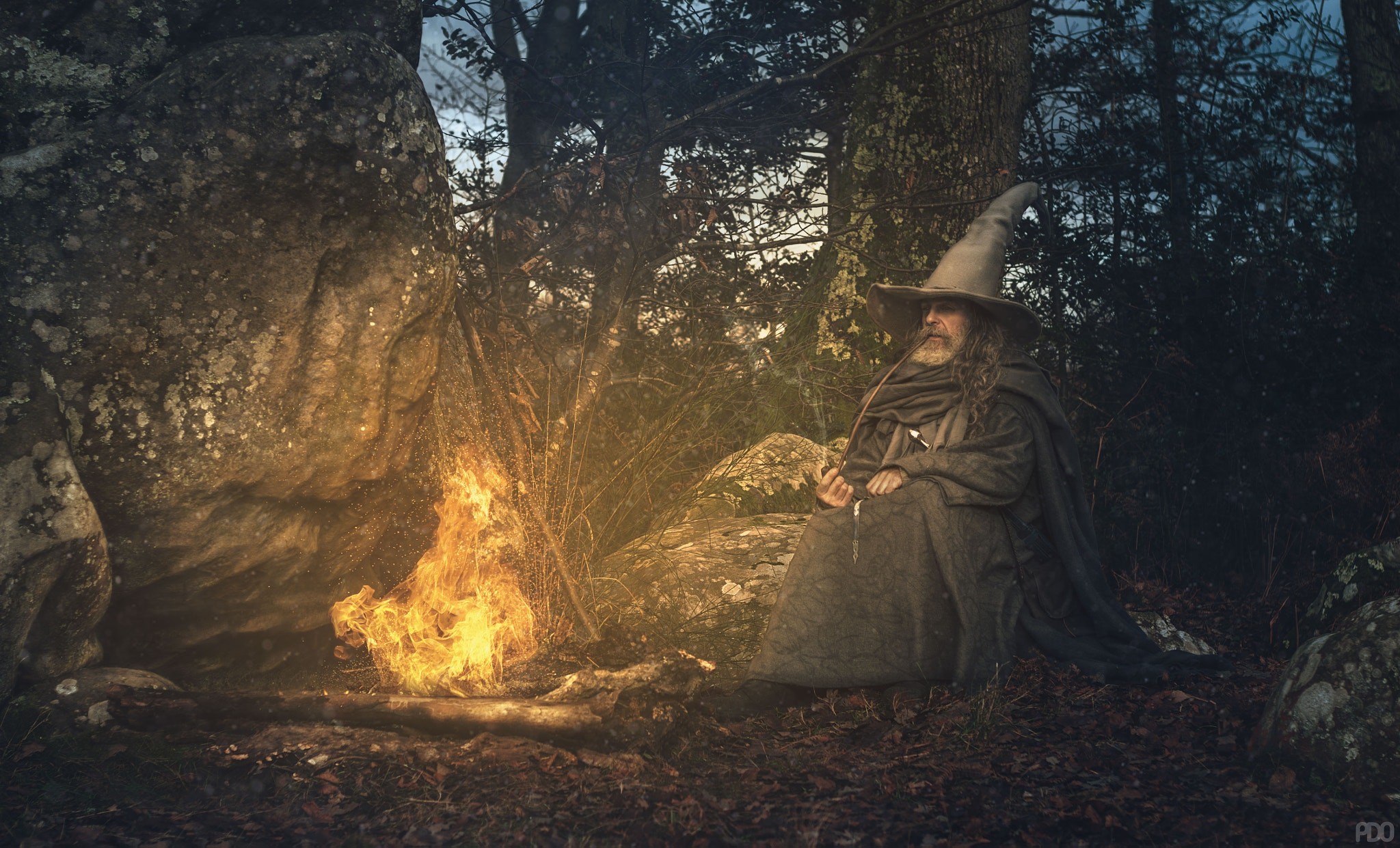 People 2048x1241 Priscilla DO fantasy art men wizard bonfires campfire beard gray hair cosplay Gandalf