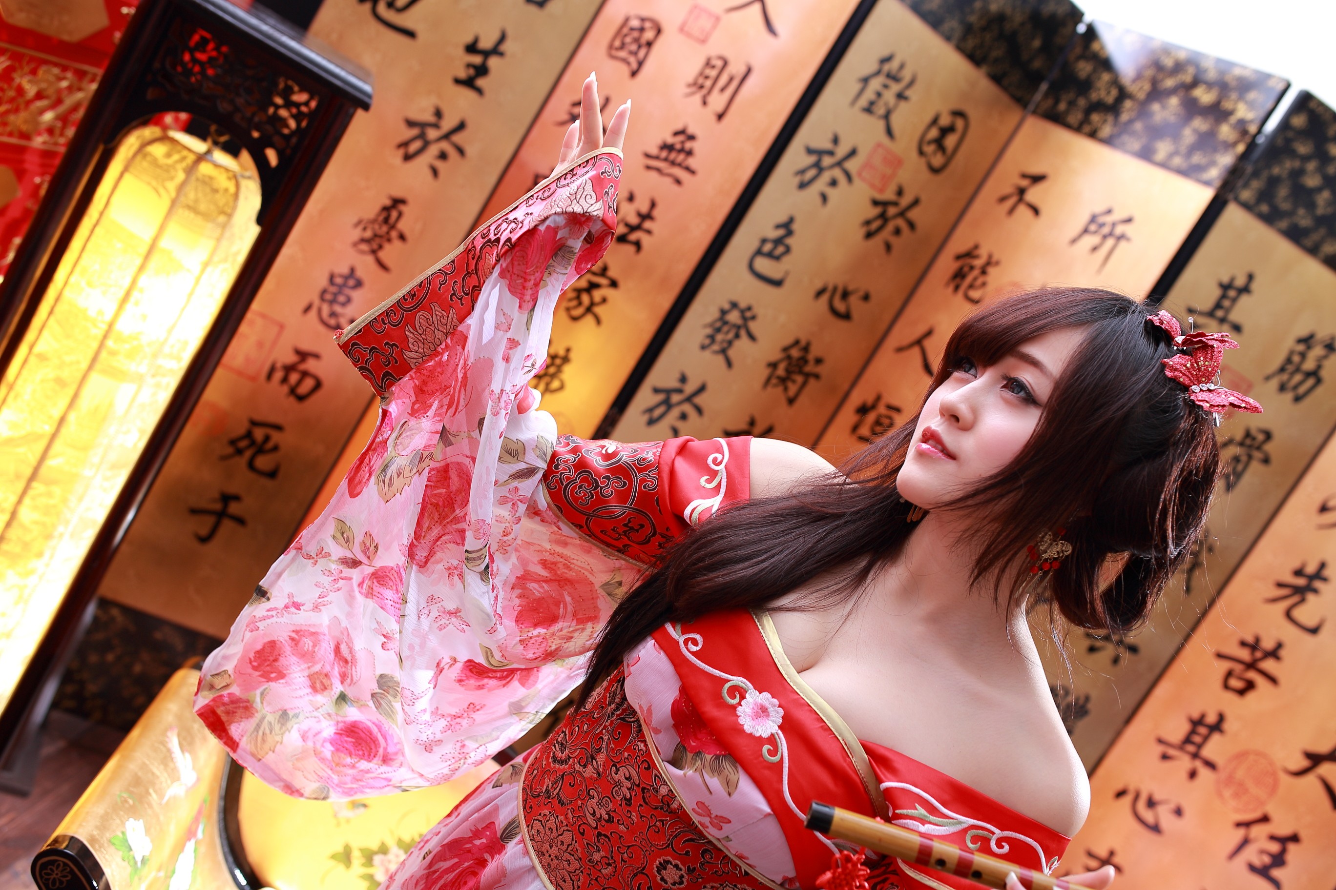 People 2736x1824 chinese dress Asian women model dyed hair long hair brunette looking away traditional clothing women indoors Chinese model qi pao