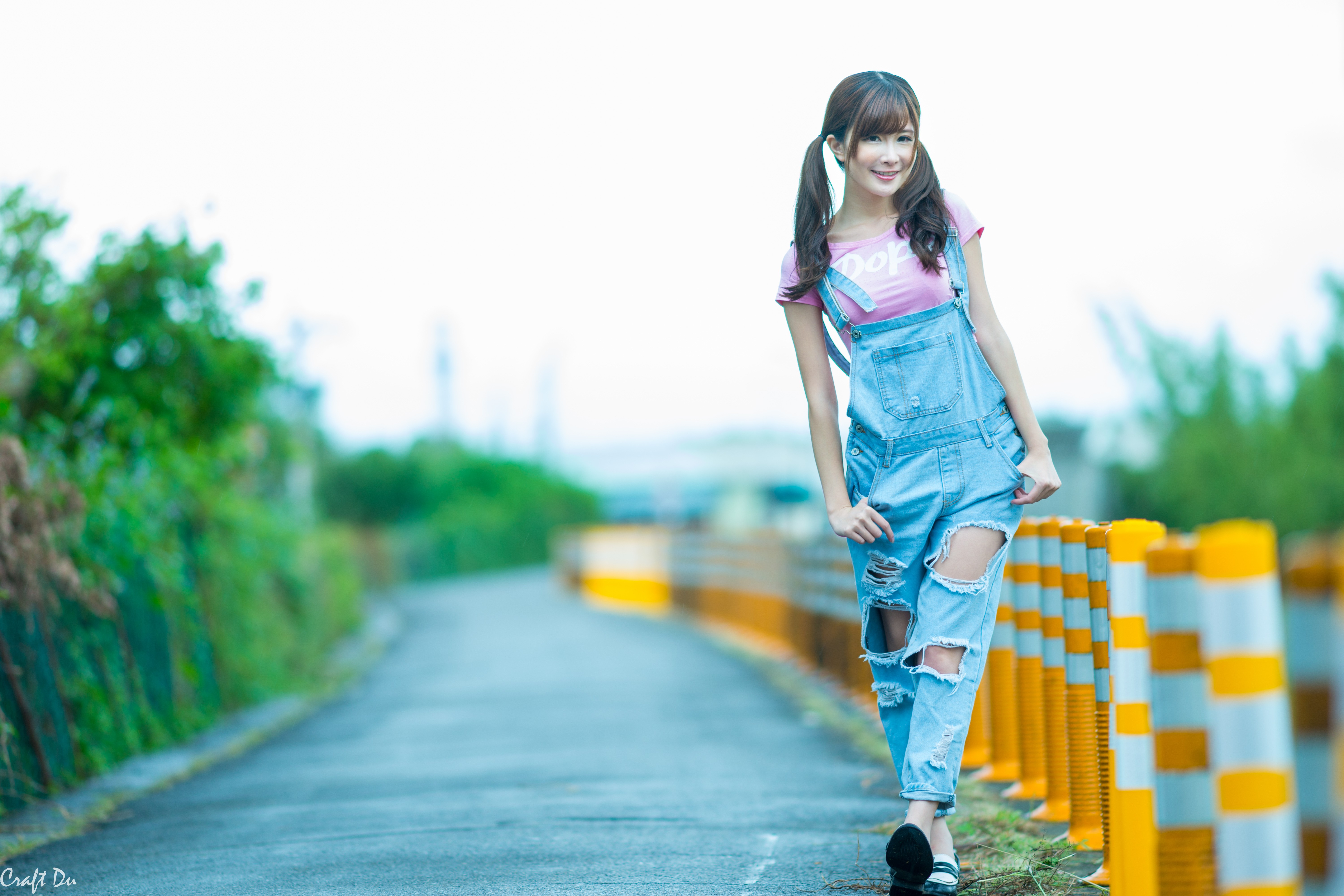 People 6000x4000 brunette women Asian jumpsuit torn jeans path smiling women outdoors outdoors torn clothes pink tops model looking at viewer walking