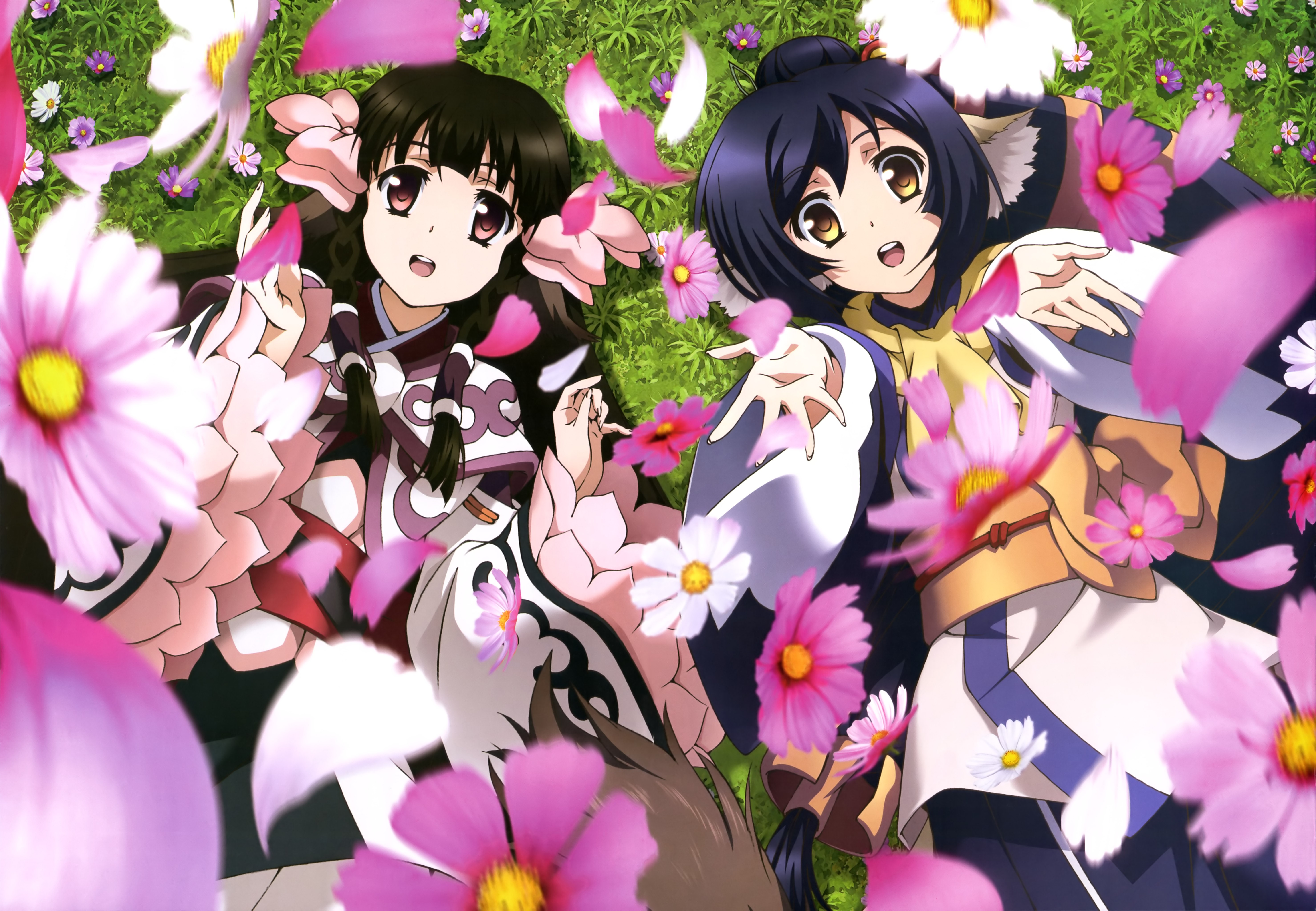 Anime 5916x4098 Utawarerumono anime girls flowers anime two women black hair dark hair plants open mouth women outdoors petals