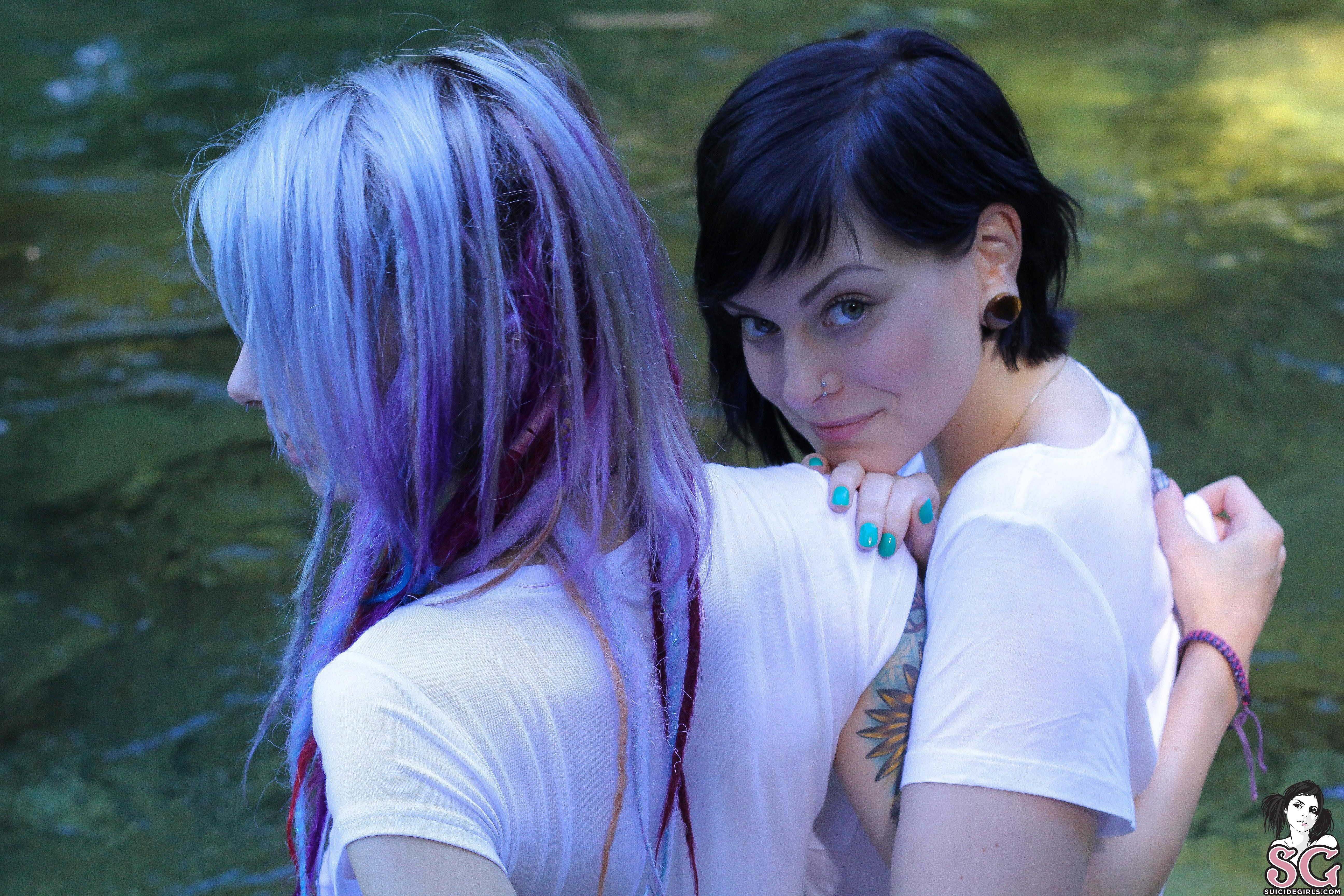 People 5184x3456 Ceres Suicide Suicide Girls piercing tattoo women blue eyes looking at viewer Stormyent Suicide T-shirt white tops women outdoors outdoors watermarked lesbians cyan nails painted nails black hair model