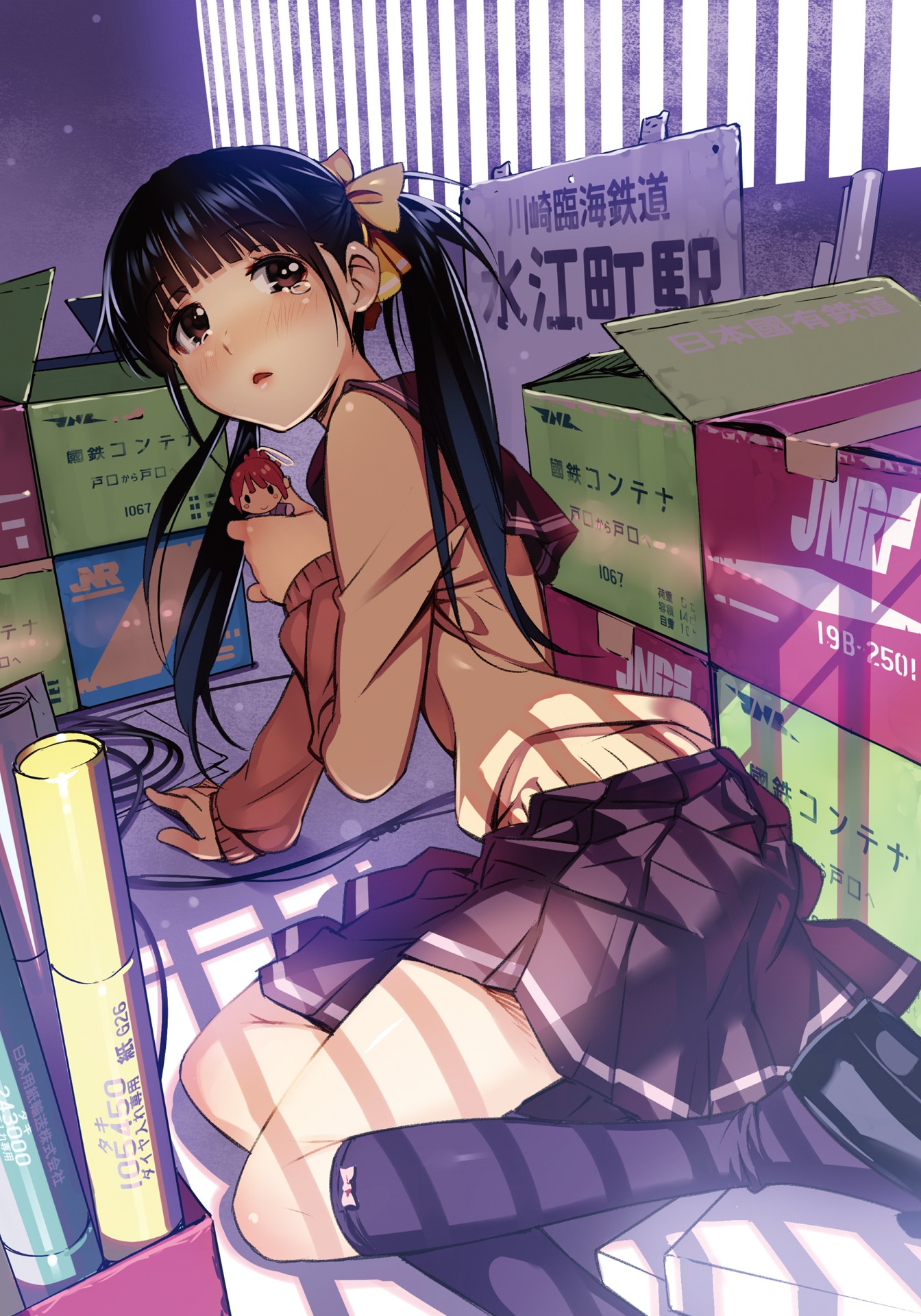 Anime 1344x1920 anime anime girls Rail Wars sweater long hair boxes skirt black hair carton box socks tears