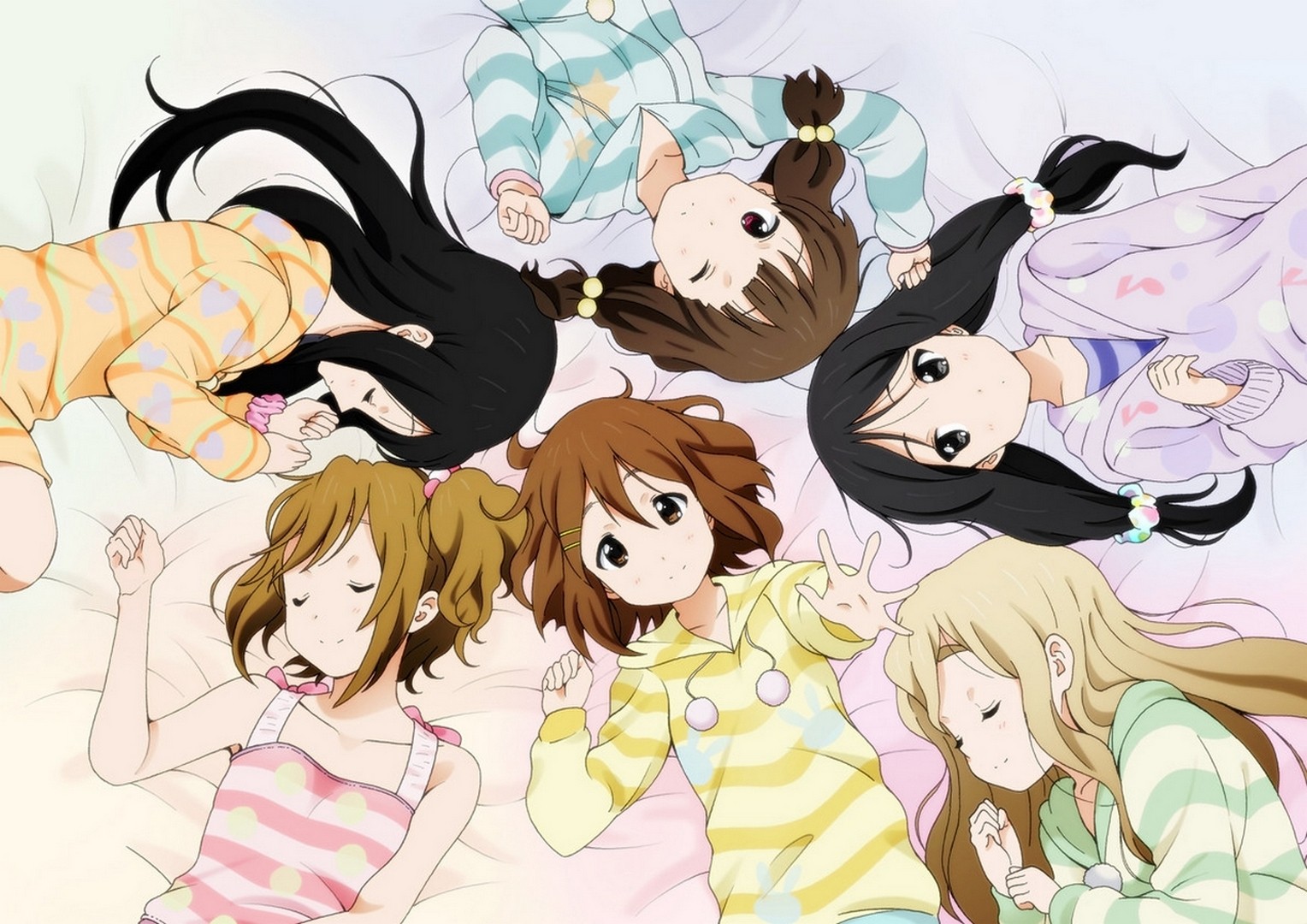 Anime 1528x1080 K-ON! anime girls anime group of women lying down sleeping looking at viewer long hair top view closed eyes
