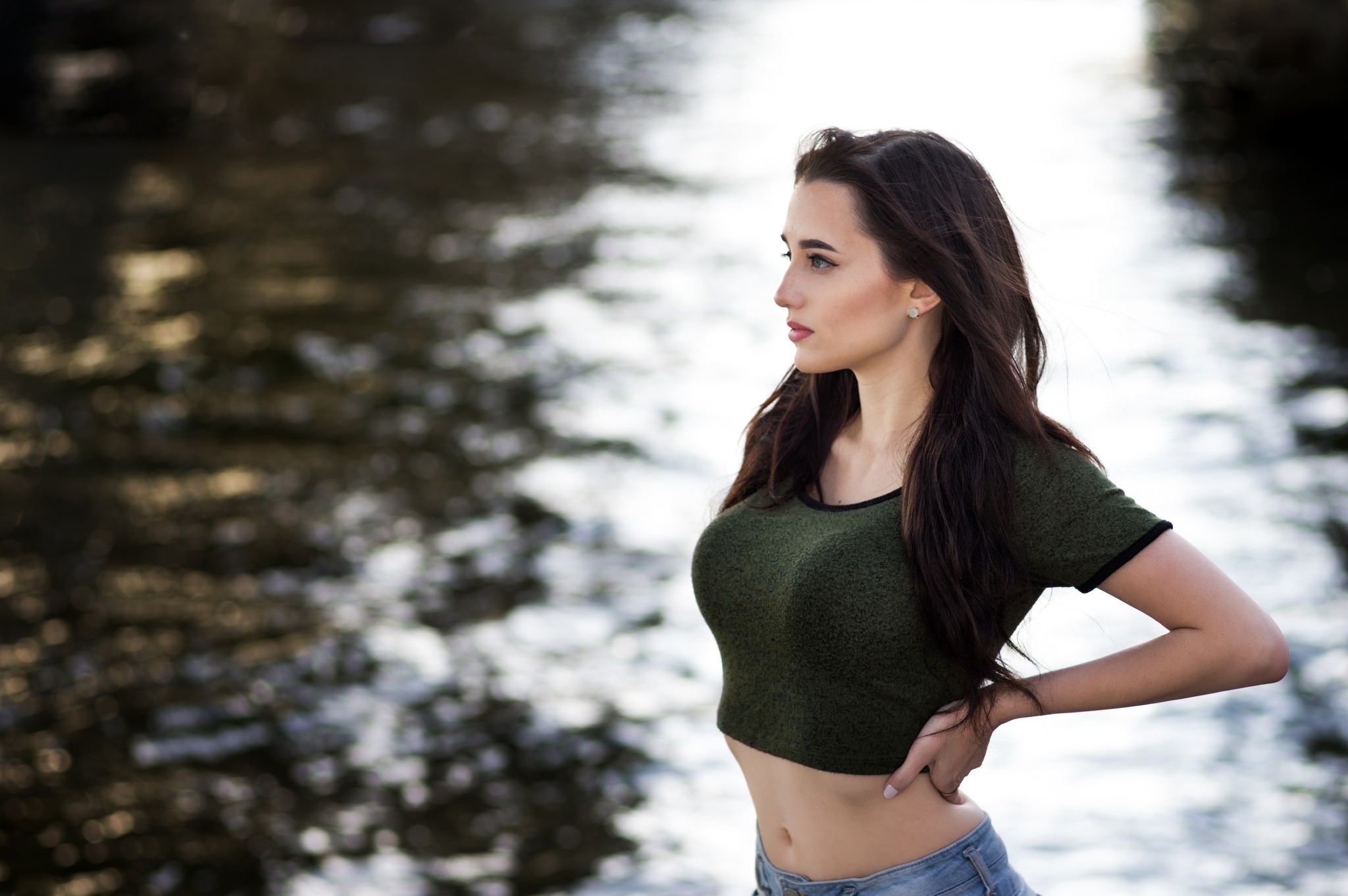 People 2048x1362 women outdoors water big boobs profile face women model boobs belly bare midriff looking into the distance long hair brunette green clothing green top