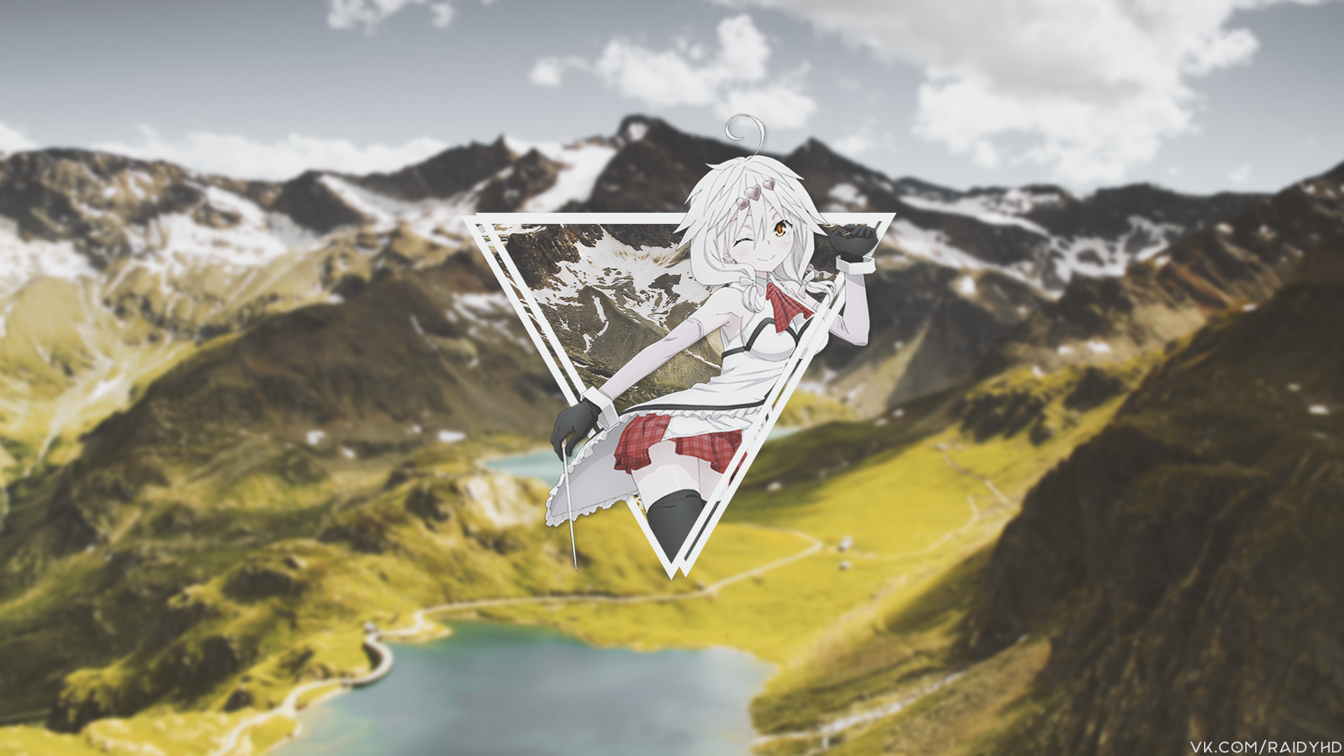 Anime 1920x1080 anime anime girls Kurata Yui Trinity Seven picture-in-picture glacier lakes Italy mountains one eye closed miniskirt looking at viewer triangle
