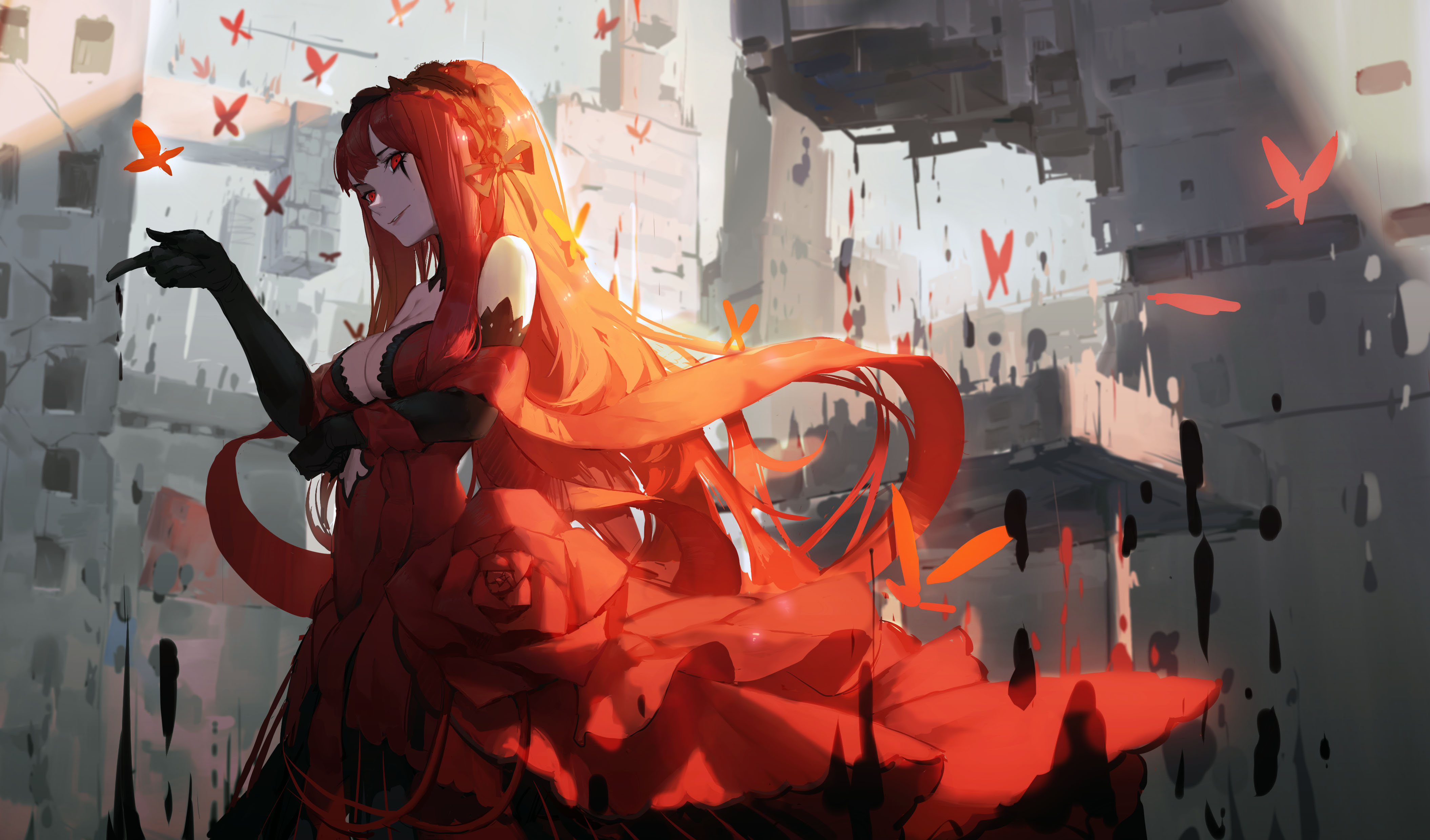 Anime 4220x2480 anime anime girls red eyes redhead dress cleavage gloves city old building building butterfly Forever 7th Capital fantasy girl fantasy art long hair boobs Gods (artist)