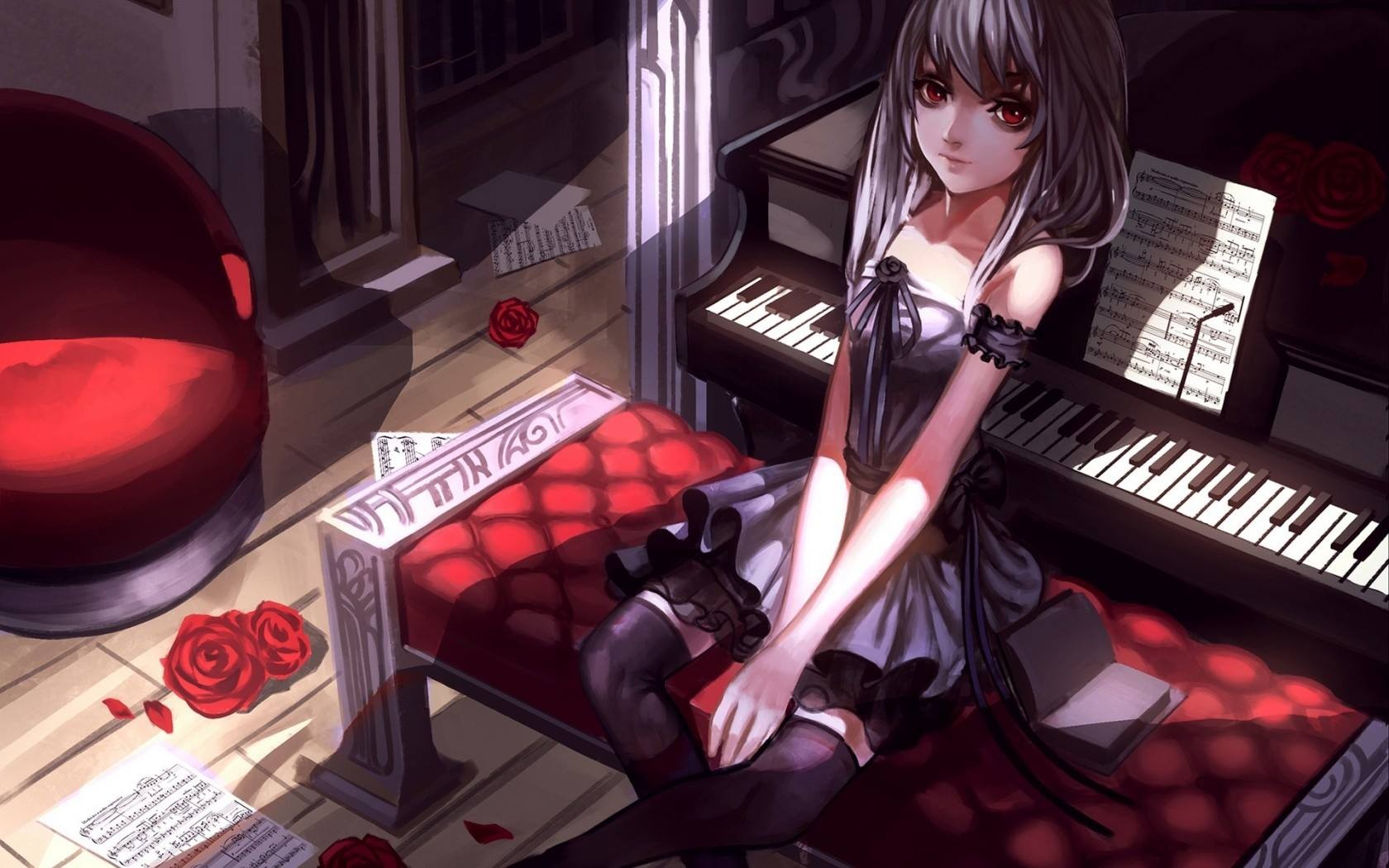 Anime 1680x1050 manga anime girls piano musical instrument dark hair indoors anime musical notes red eyes