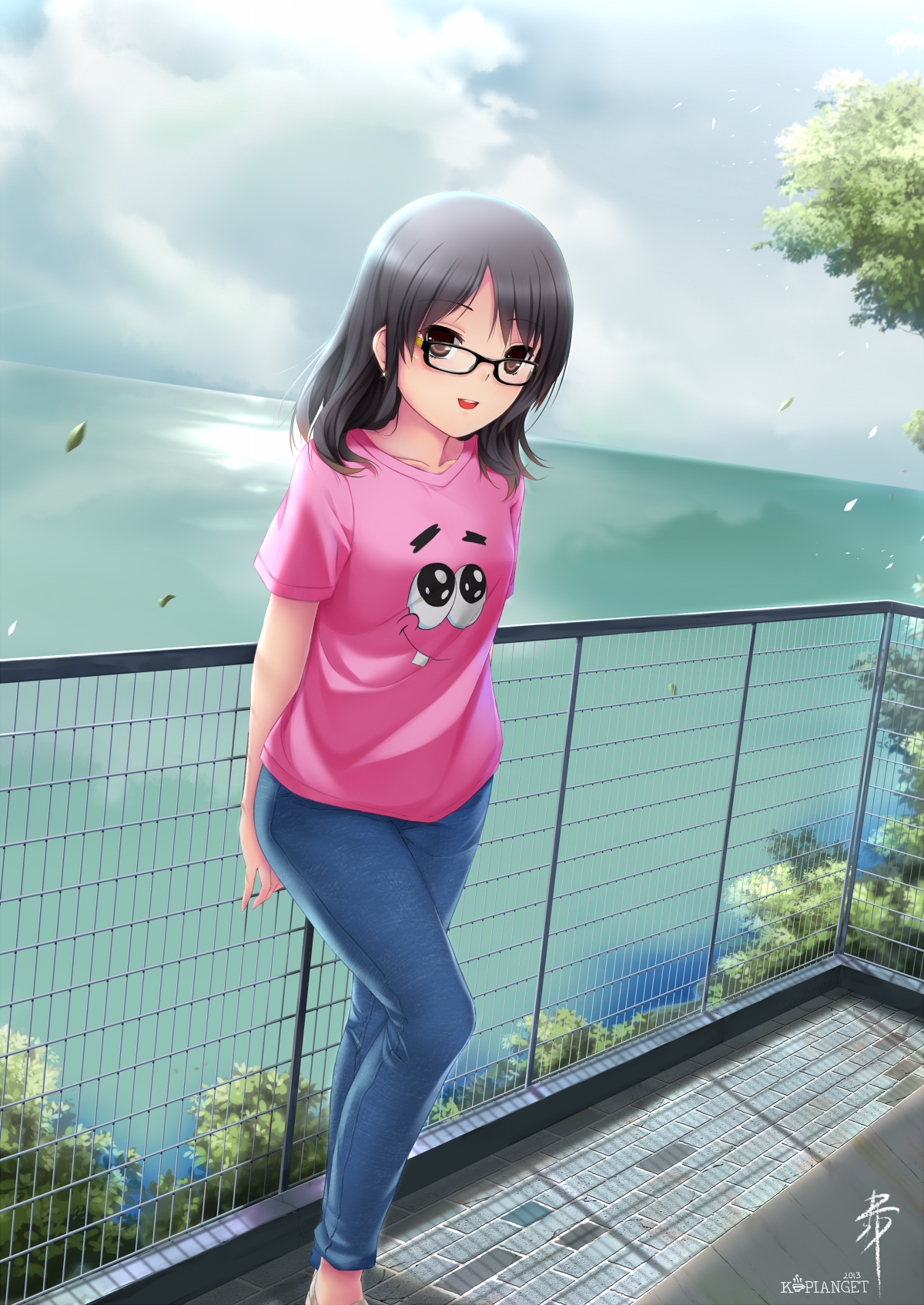 Anime 1200x1695 anime anime girls jeans long hair black hair brown eyes glasses