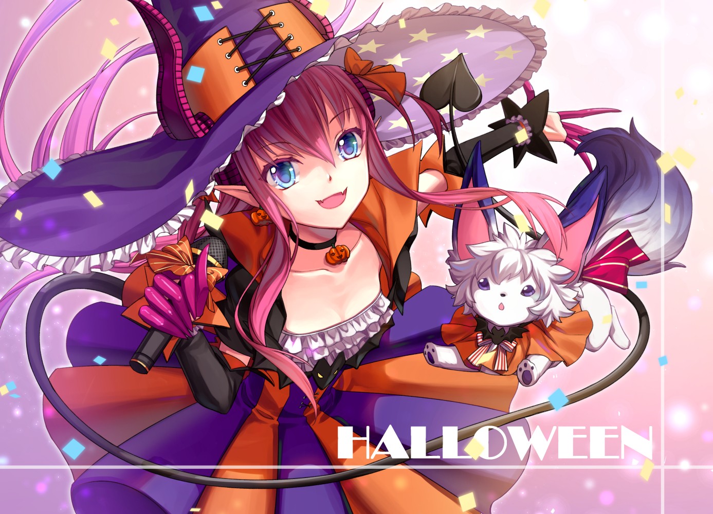 Anime 1387x1000 anime anime girls Fate/Grand Order elves long hair pink hair blue eyes witch hat
