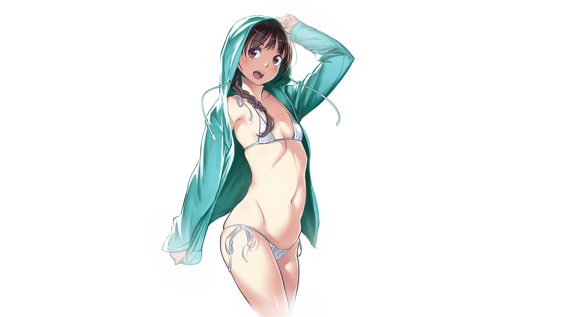 Anime 1920x1080 bikini ecchi small boobs skinny open clothes anime girls simple background white background