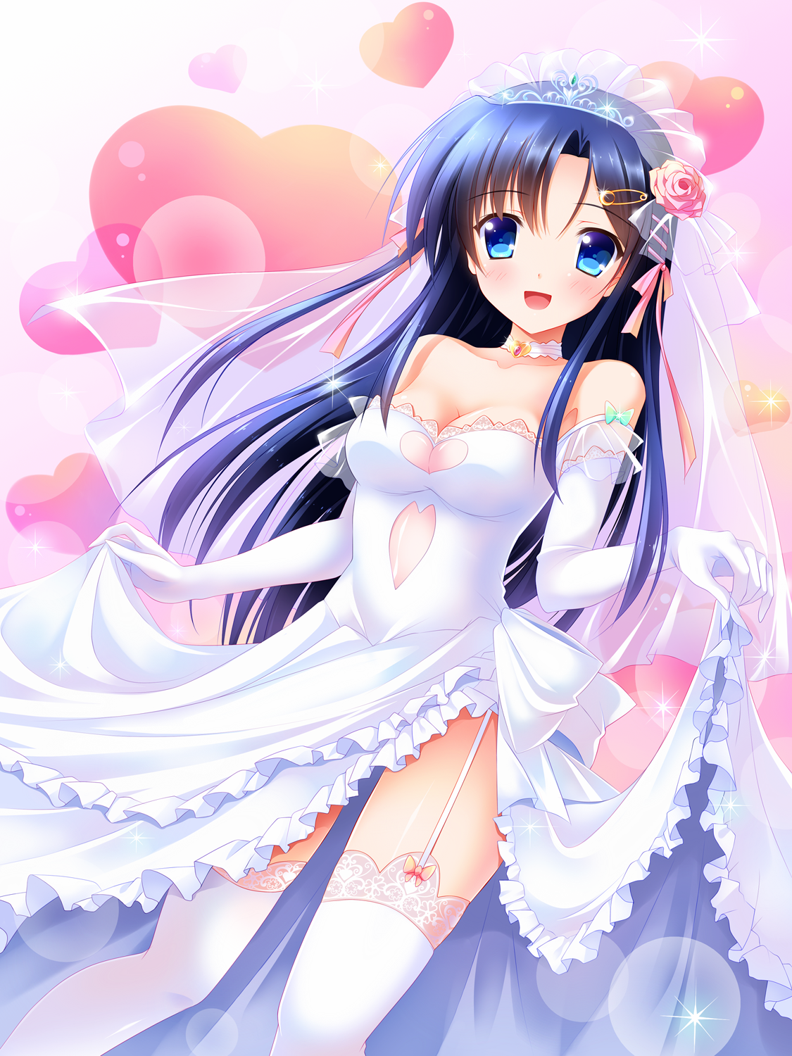 Anime 1125x1500 anime anime girls long hair blue hair blue eyes open shirt stockings wedding dress