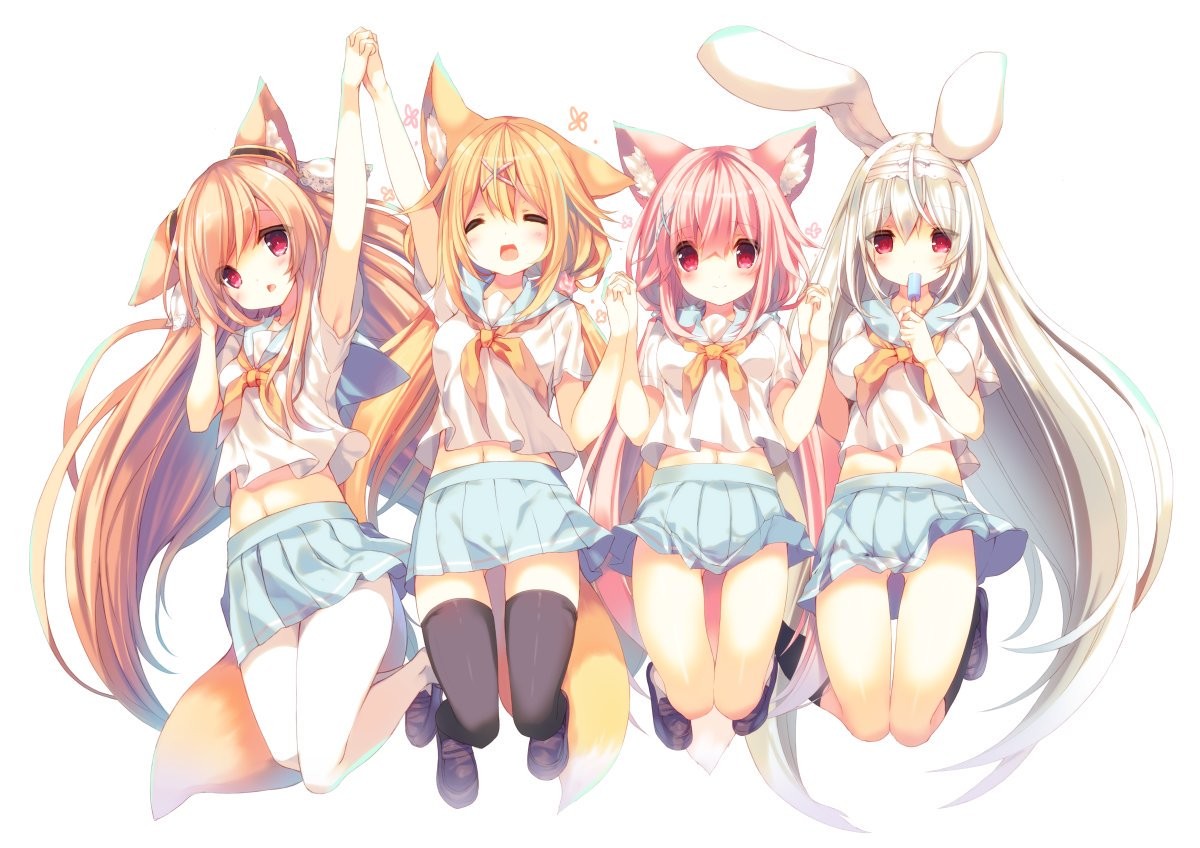 Anime 1200x848 anime girls fox girl bunny girl thigh-highs animal ears