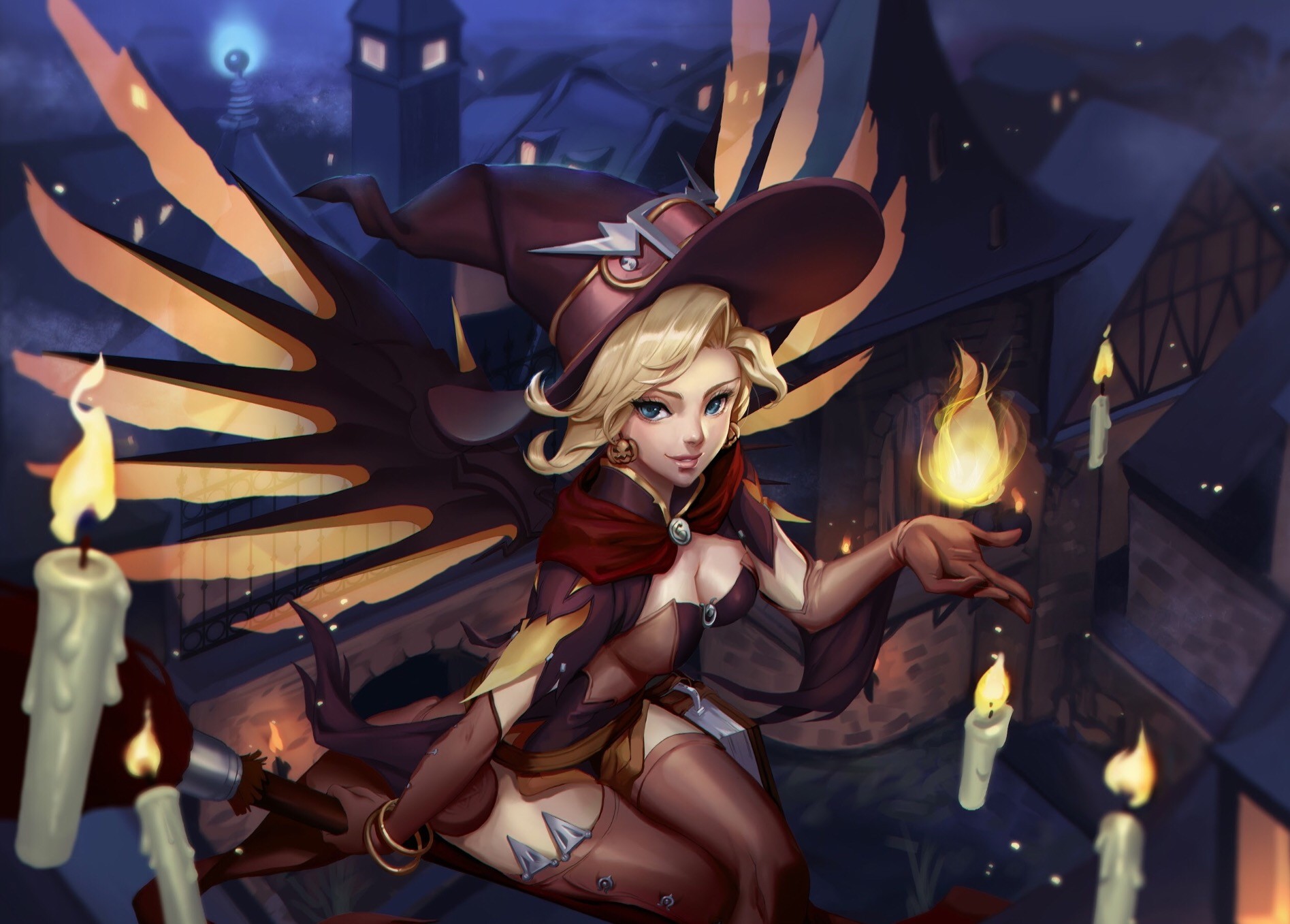 Anime 1895x1357 anime anime girls Overwatch Mercy (Overwatch) cleavage Halloween wings witch short hair blonde blue eyes open shirt witch hat stockings looking up