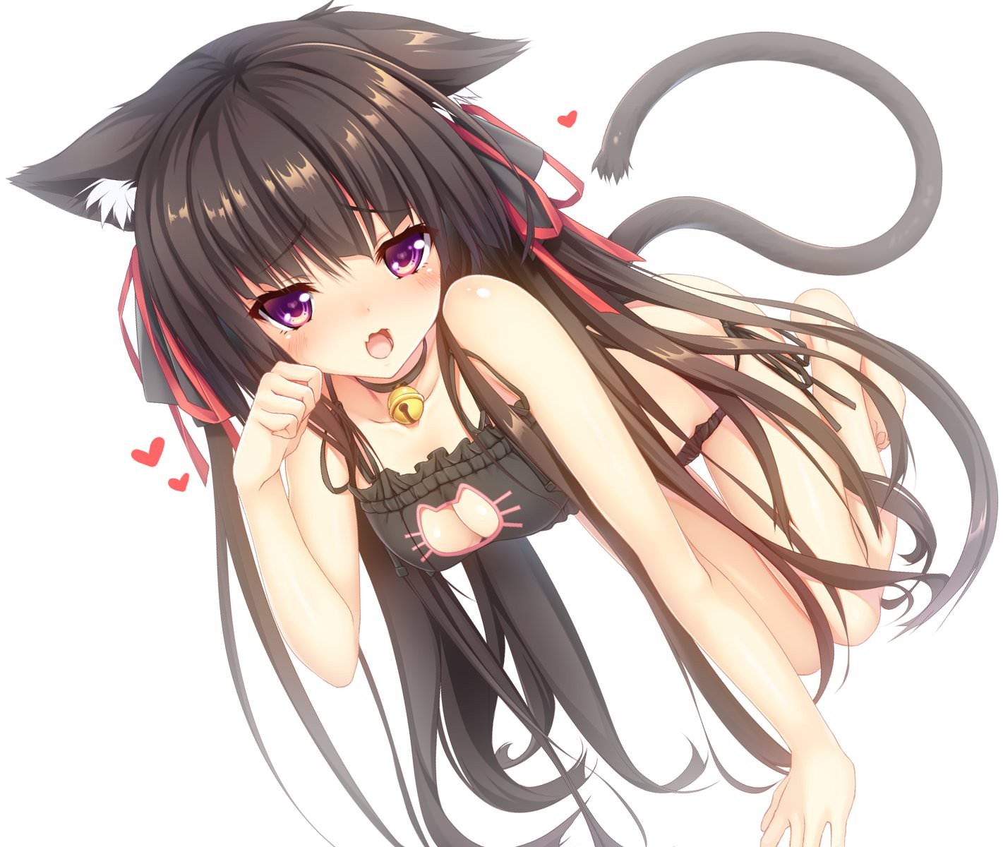 Cat Girl Bent Over Cat Keyhole Bra Anime Girls Underwear Black Hair Cat Ears Tail