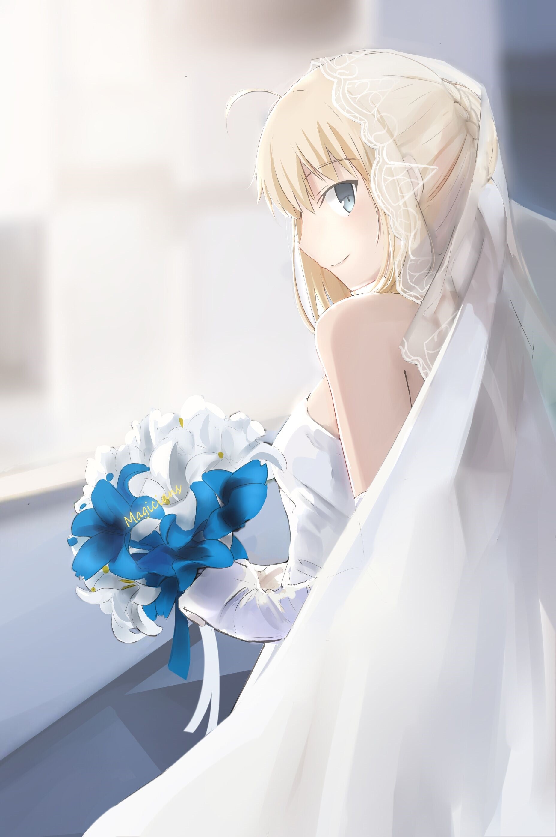 Anime 1856x2790 Fate series Fate/Stay Night anime girls wedding dress small boobs blushing rear view smiling alternate costume bridal veil elbow gloves blue eyes sideboob Saber Artoria Pendragon looking at viewer bare shoulders braids hairbun ahoge 2D blurred bouquets strapless dress Magicians fan art anime blonde