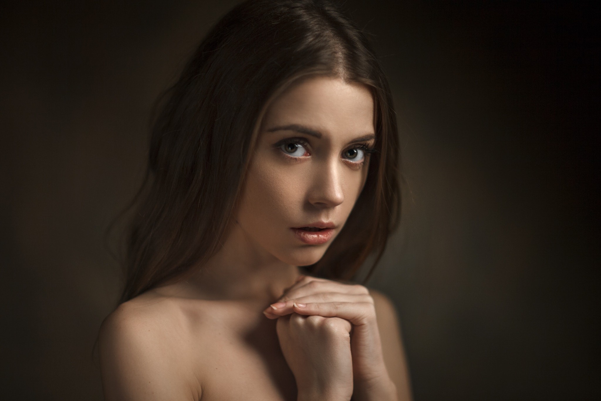 People 2048x1365 women face portrait simple background Ksenia Kokoreva implied nude bare shoulders