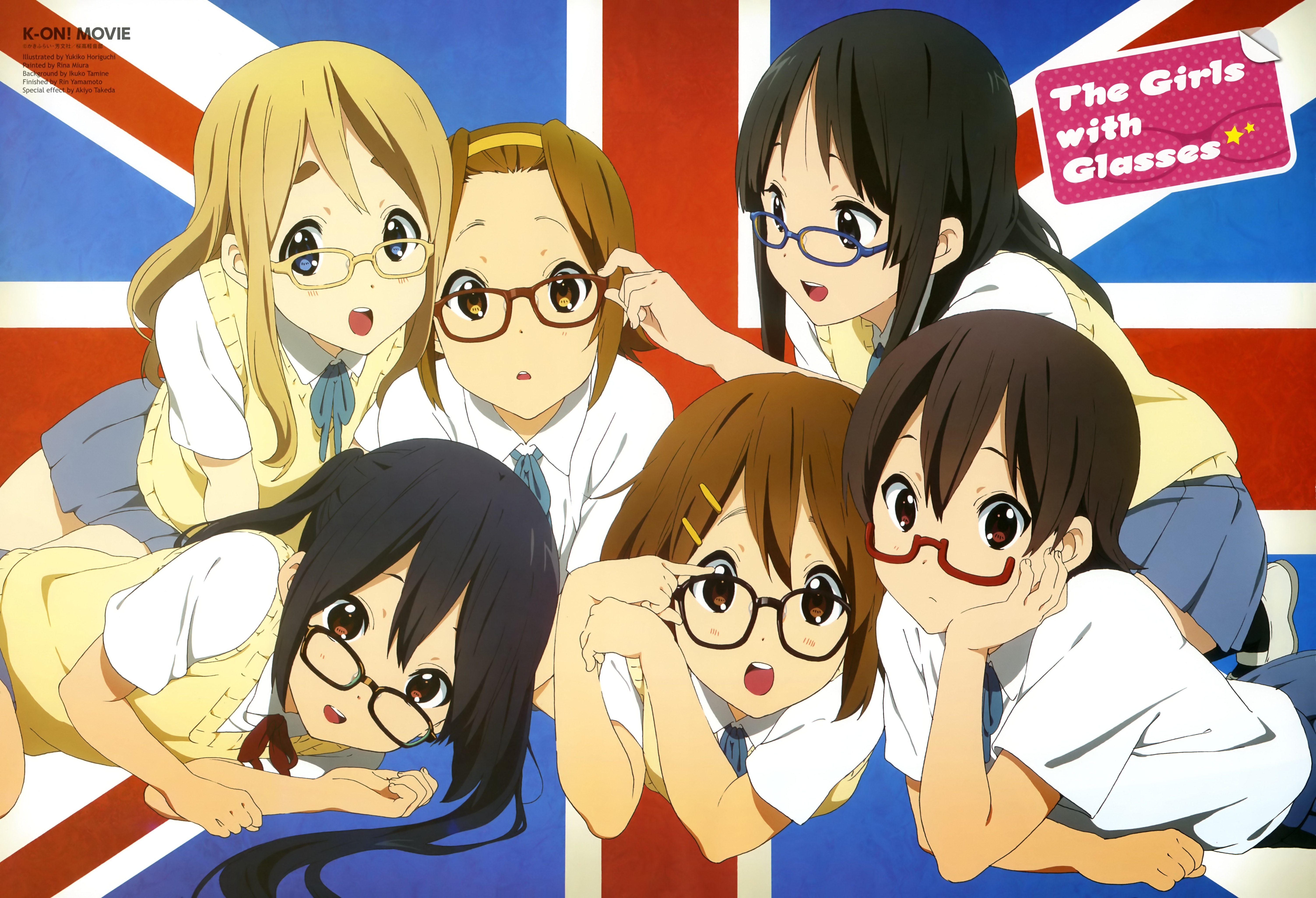 Anime 6012x4103 K-ON! glasses Tainaka Ritsu Hirasawa Yui Nakano Azusa Akiyama Mio Kotobuki Tsumugi Manabe Nodoka British flag anime girls women face