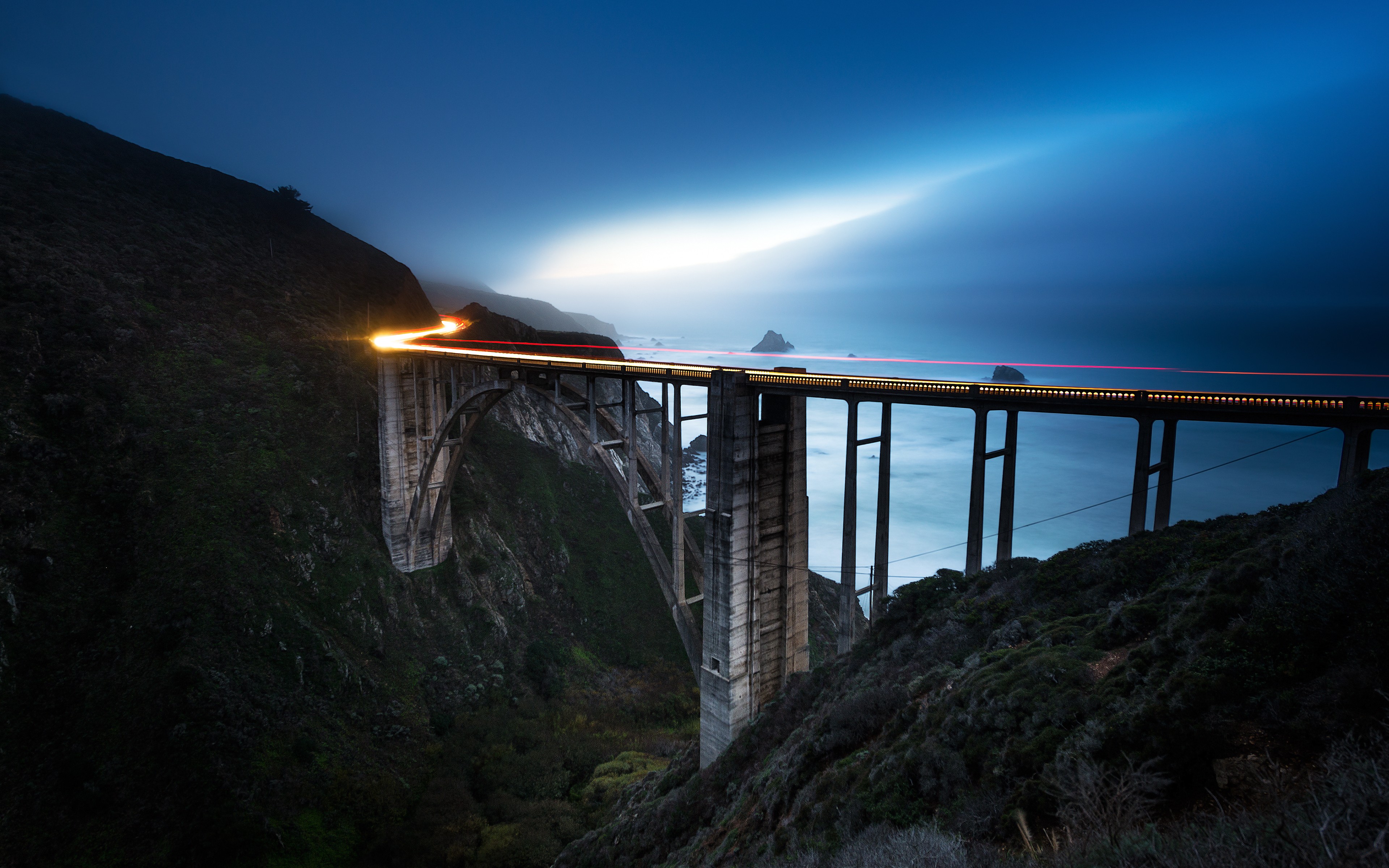 General 3840x2400 landscape bridge light trails viaduct sea California USA Big Sur low light