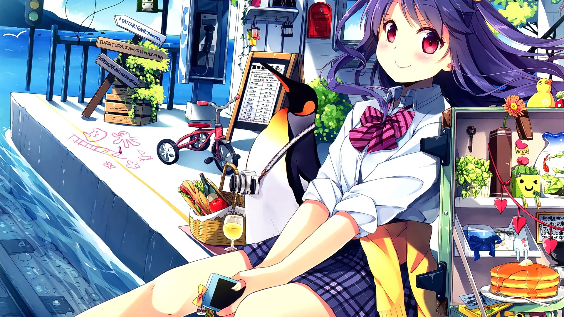 Anime 1920x1080 anime girls anime purple hair food red eyes Natsume Eri schedule smiling schoolgirl school uniform sitting water signs drawing pancakes bow tie penguins purple eyes blushing tricycle sandwiches baskets drink wind hair blowing in the wind camera phone