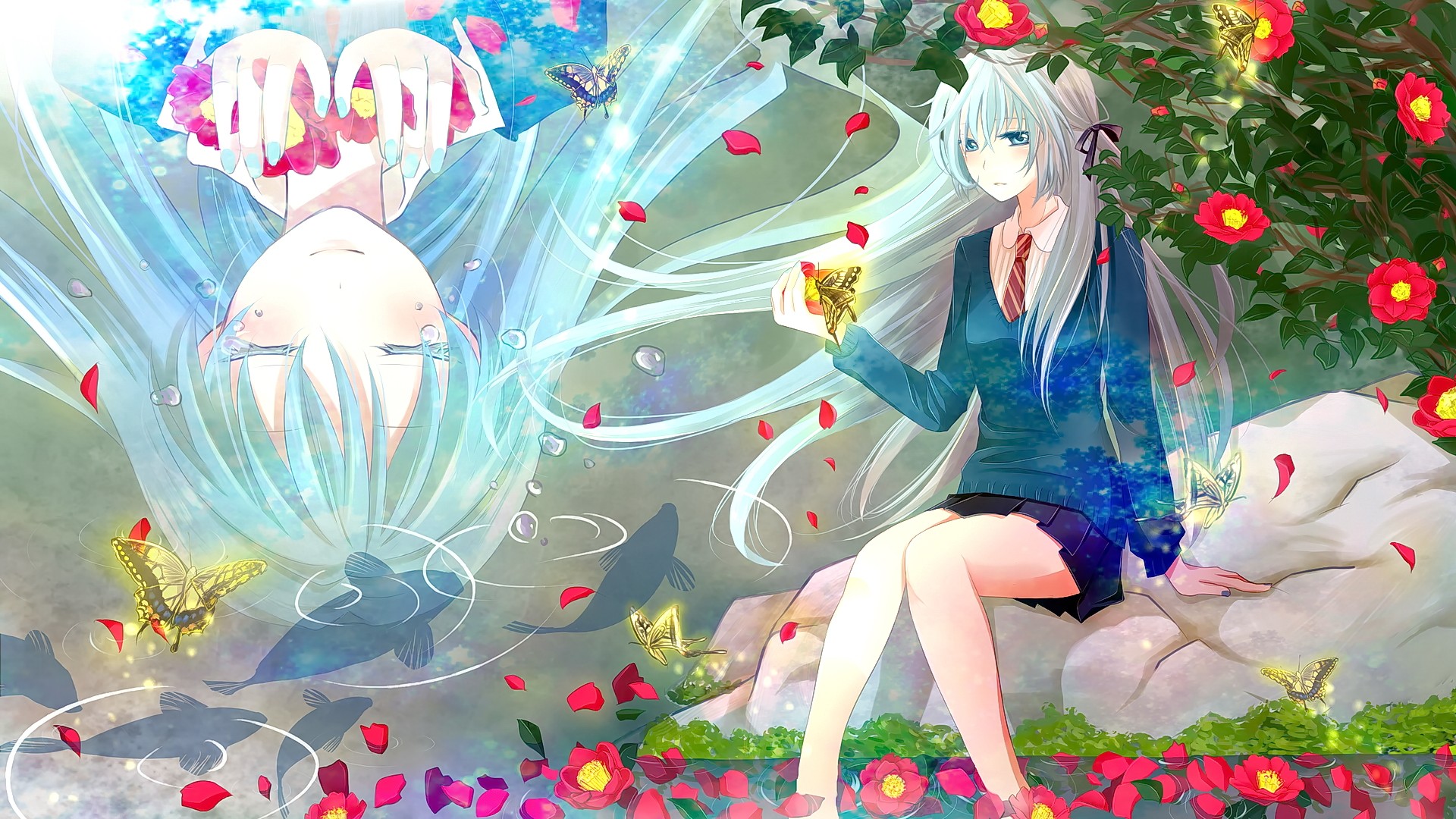 Anime 1920x1080 anime anime girls long hair blue eyes butterfly flowers sitting tie knees together plants