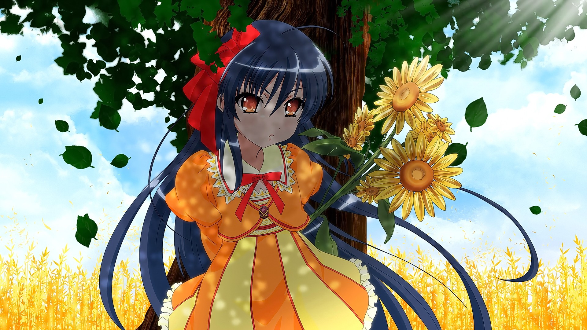 Anime 1920x1080 anime anime girls long hair hairband flowers sunflowers ahoge Shakugan no Shana Shana plants orange eyes blue hair orange clothing