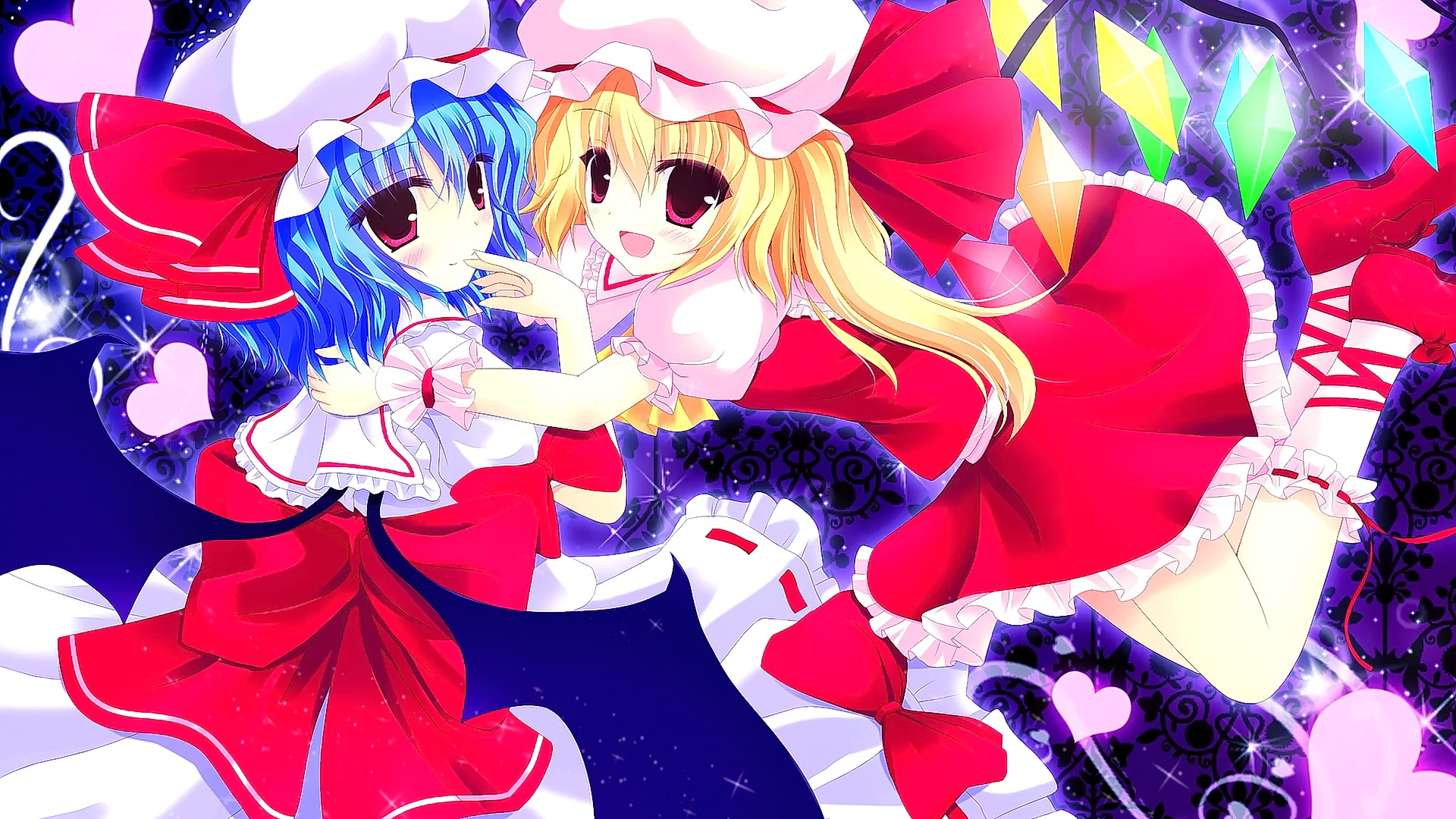 Anime 1920x1080 anime anime girls blonde smiling blue hair hat looking at viewer Touhou Flandre Scarlet Remilia Scarlet two women long hair open mouth women with hats dress