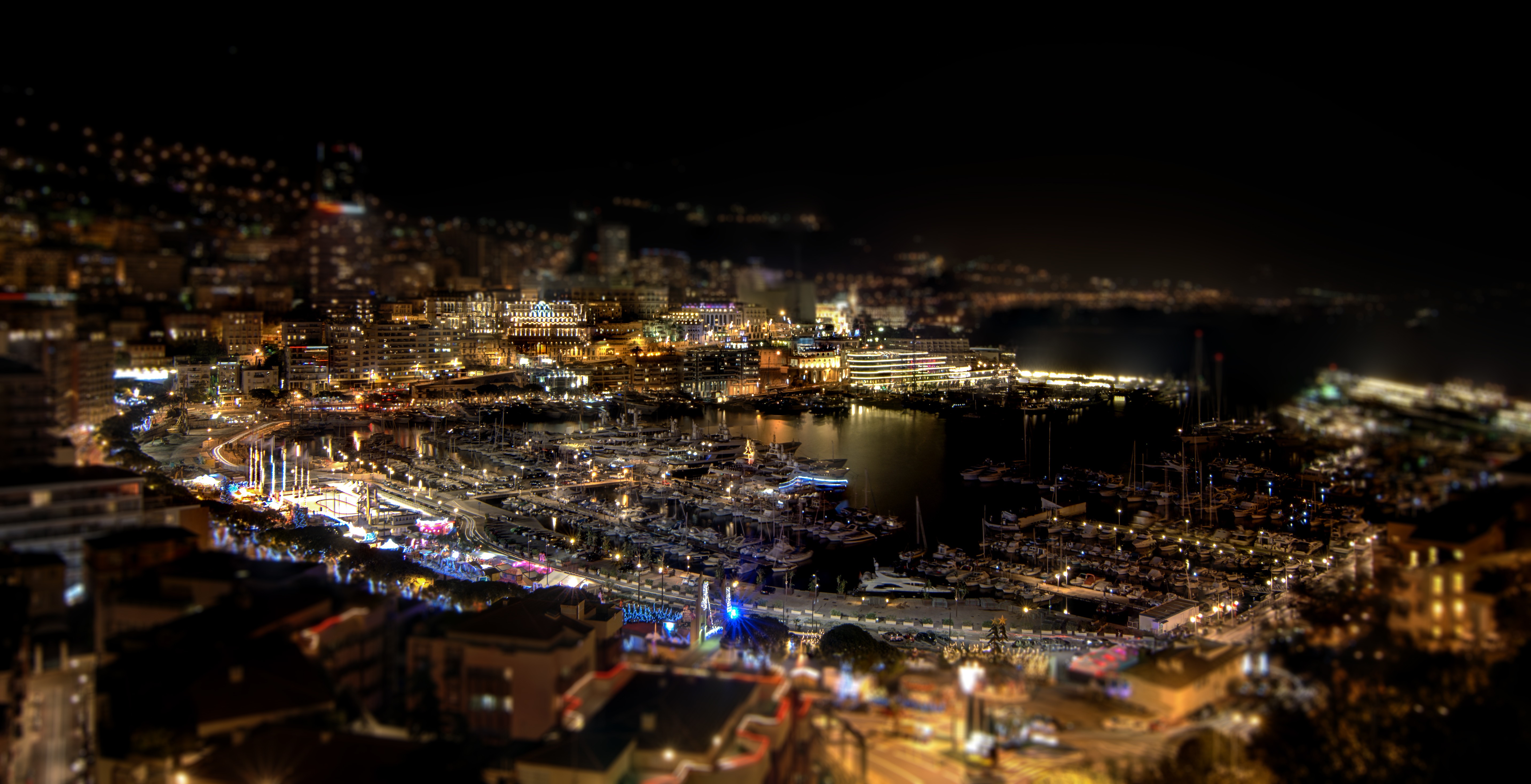 General 5734x2937 city tilt shift Monaco ports cityscape city lights low light