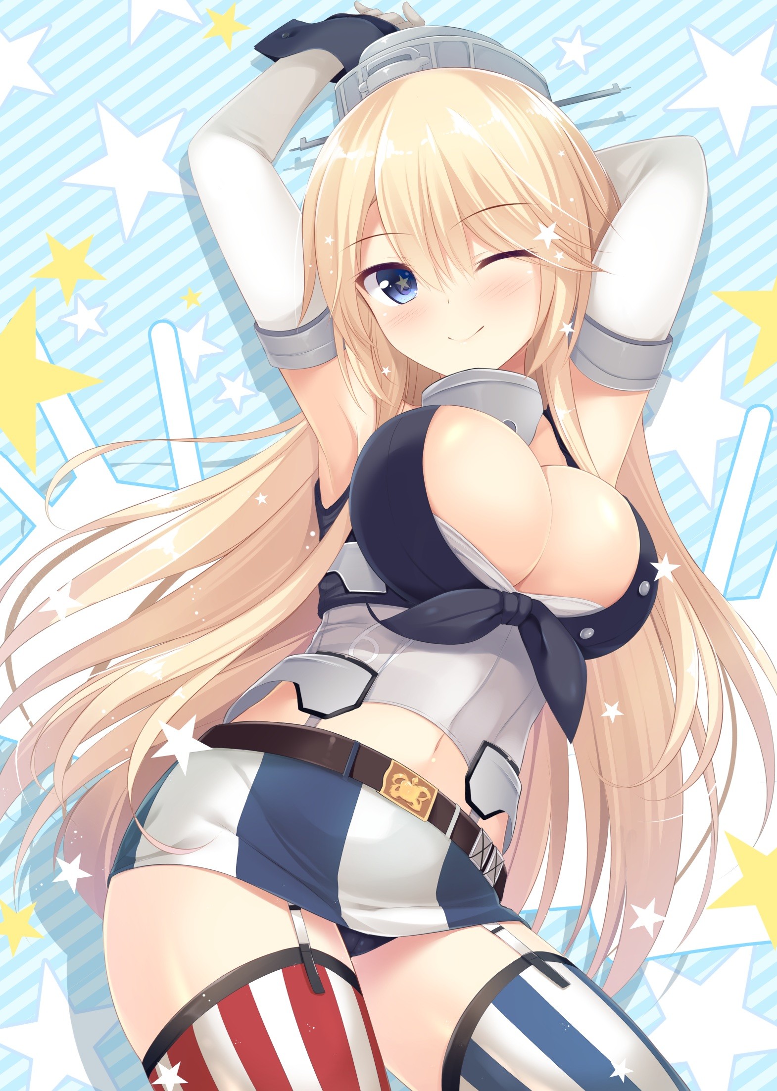 Anime 1570x2205 anime anime girls Kantai Collection Iowa (KanColle) cleavage stockings long hair boobs big boobs huge breasts arms up Pixiv one eye closed striped stockings