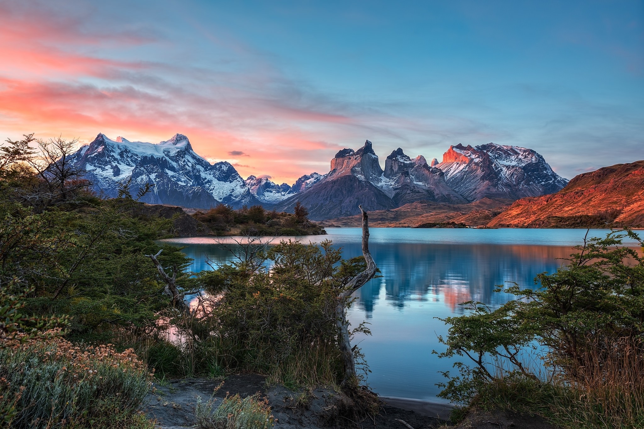 General 2048x1367 photography nature landscape mountains lake sunset shrubs snowy peak Torres del Paine national park Patagonia Chile South America