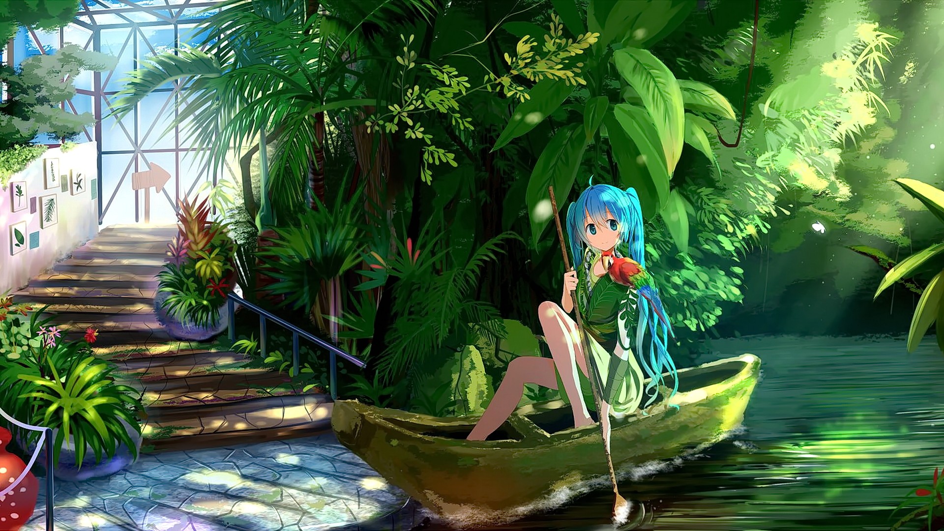 Anime 1920x1080 anime anime girls cyan hair long hair blue hair blue eyes Vocaloid water smiling Hatsune Miku vehicle boat