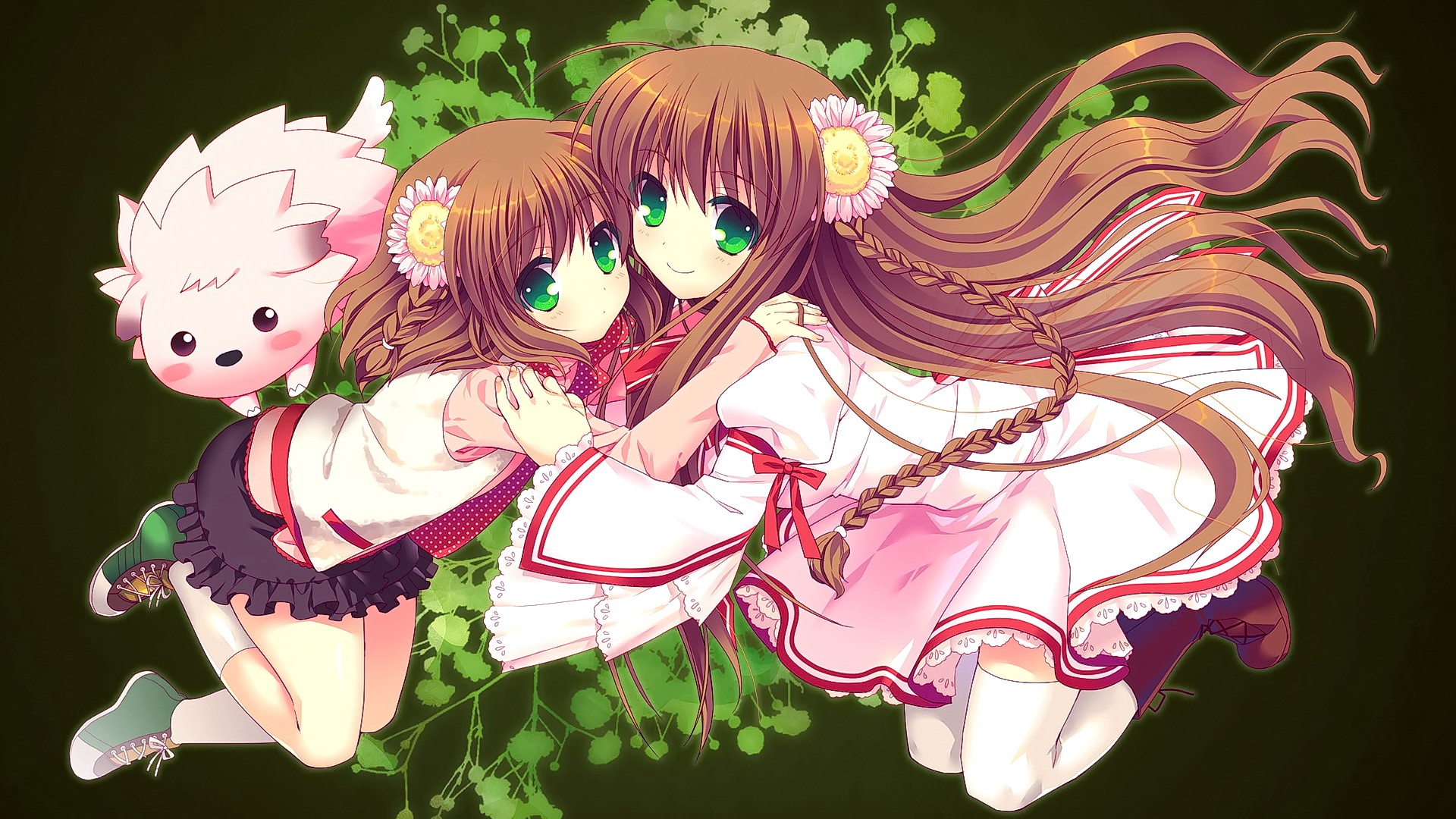 Anime 1920x1080 anime anime girls brunette long hair green eyes looking at viewer smiling flowers green background Rewrite two women flower in hair