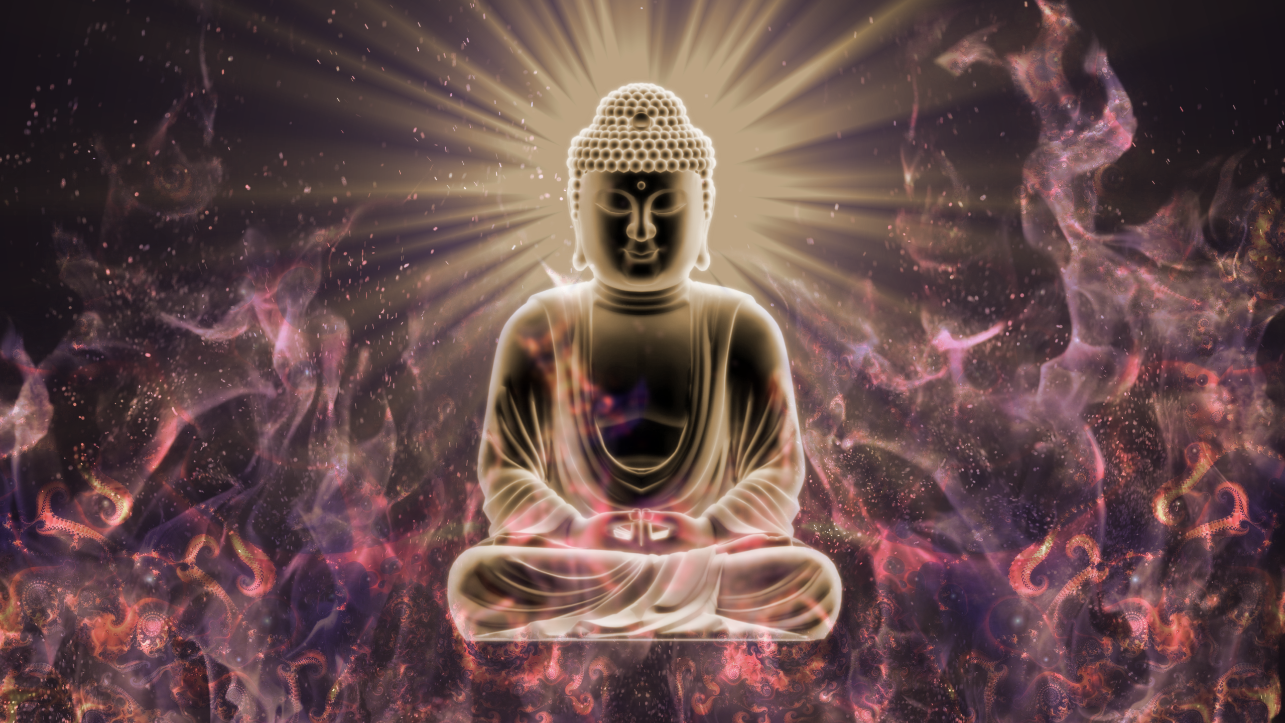 General 2560x1440 digital art Buddha Buddhism meditation glowing fire sitting blurred closed eyes fractal abstract